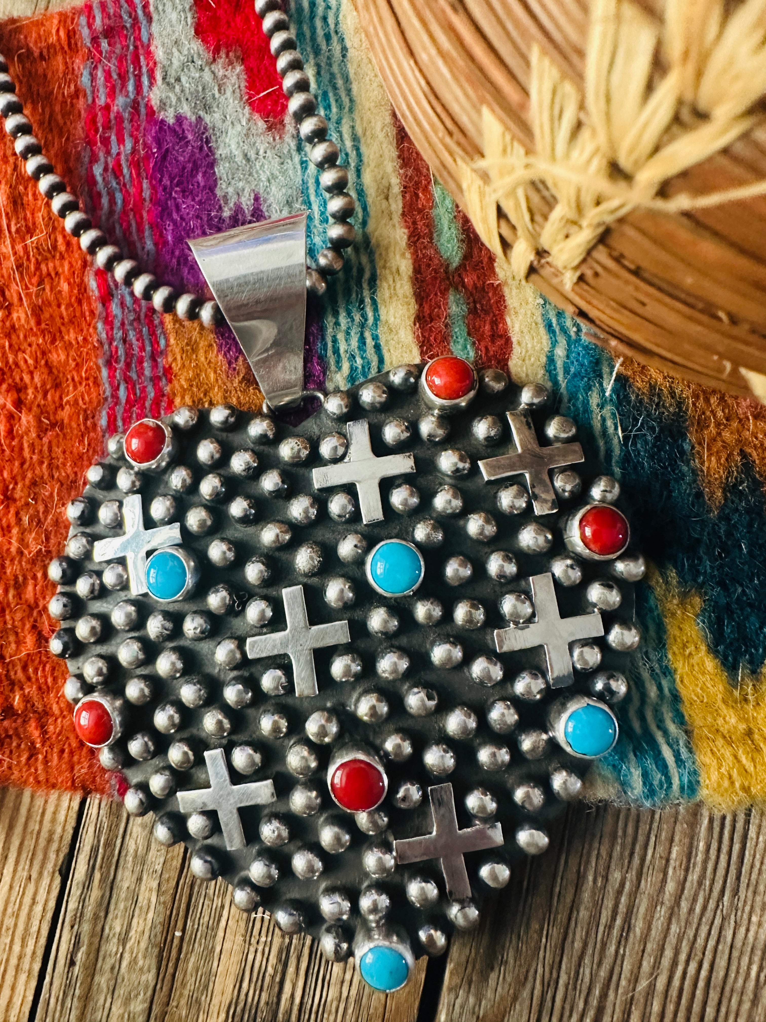 Handcrafted Sterling Silver, Turquoise & Coral Heart Cross Pendant by Geneva Apachito