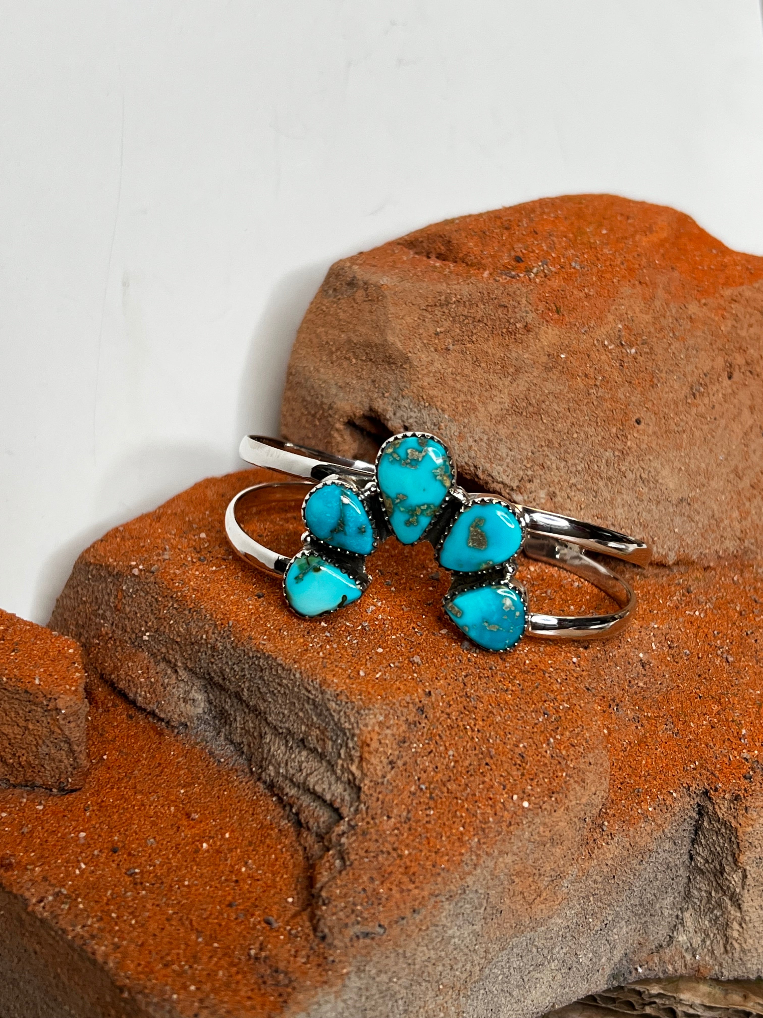 Handmade South Hill Turquoise Cluster & Sterling Silver Cuff Bracelet