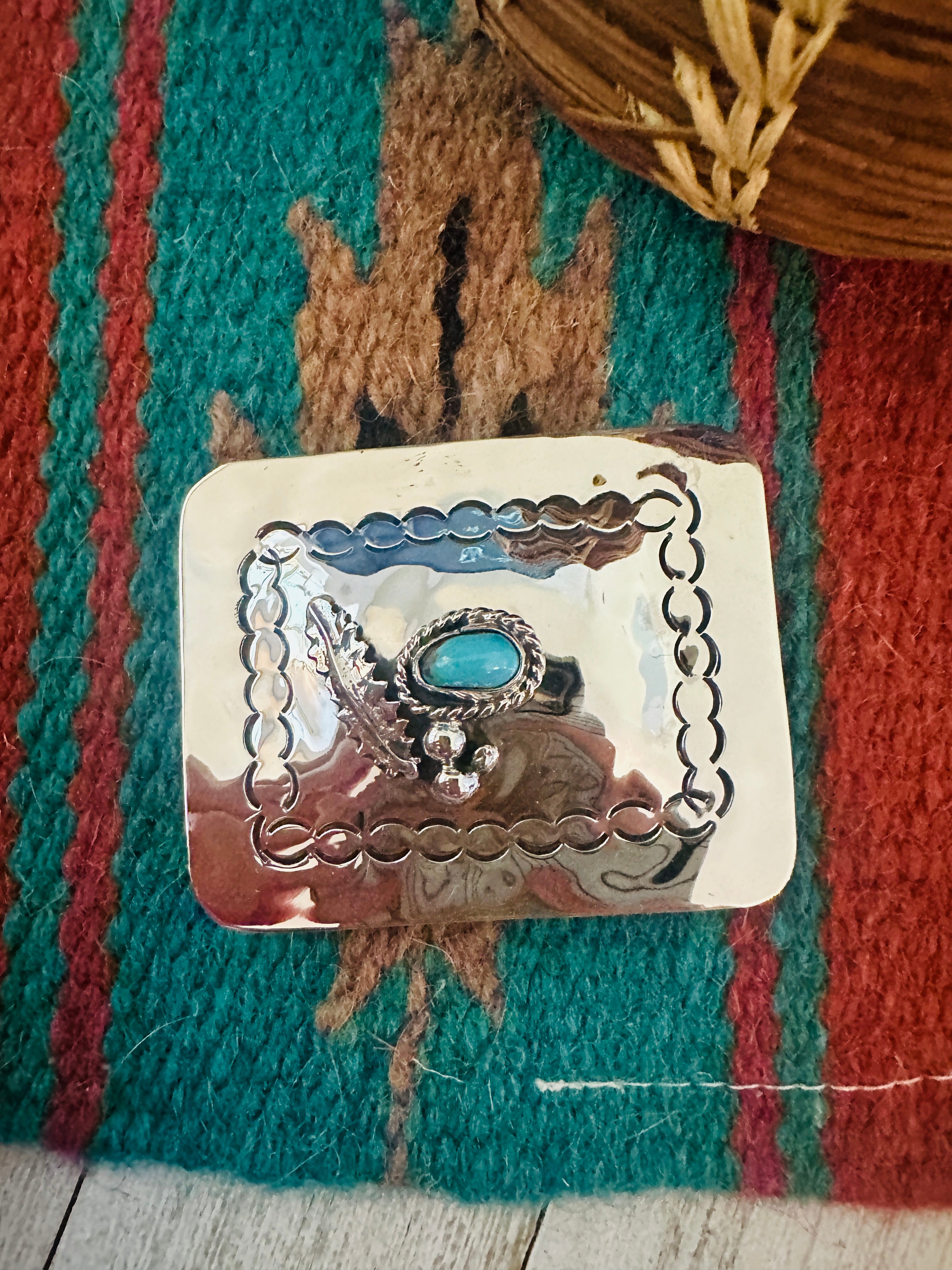 Navajo Turquoise & Hand Stamped Sterling Silver Belt Buckle