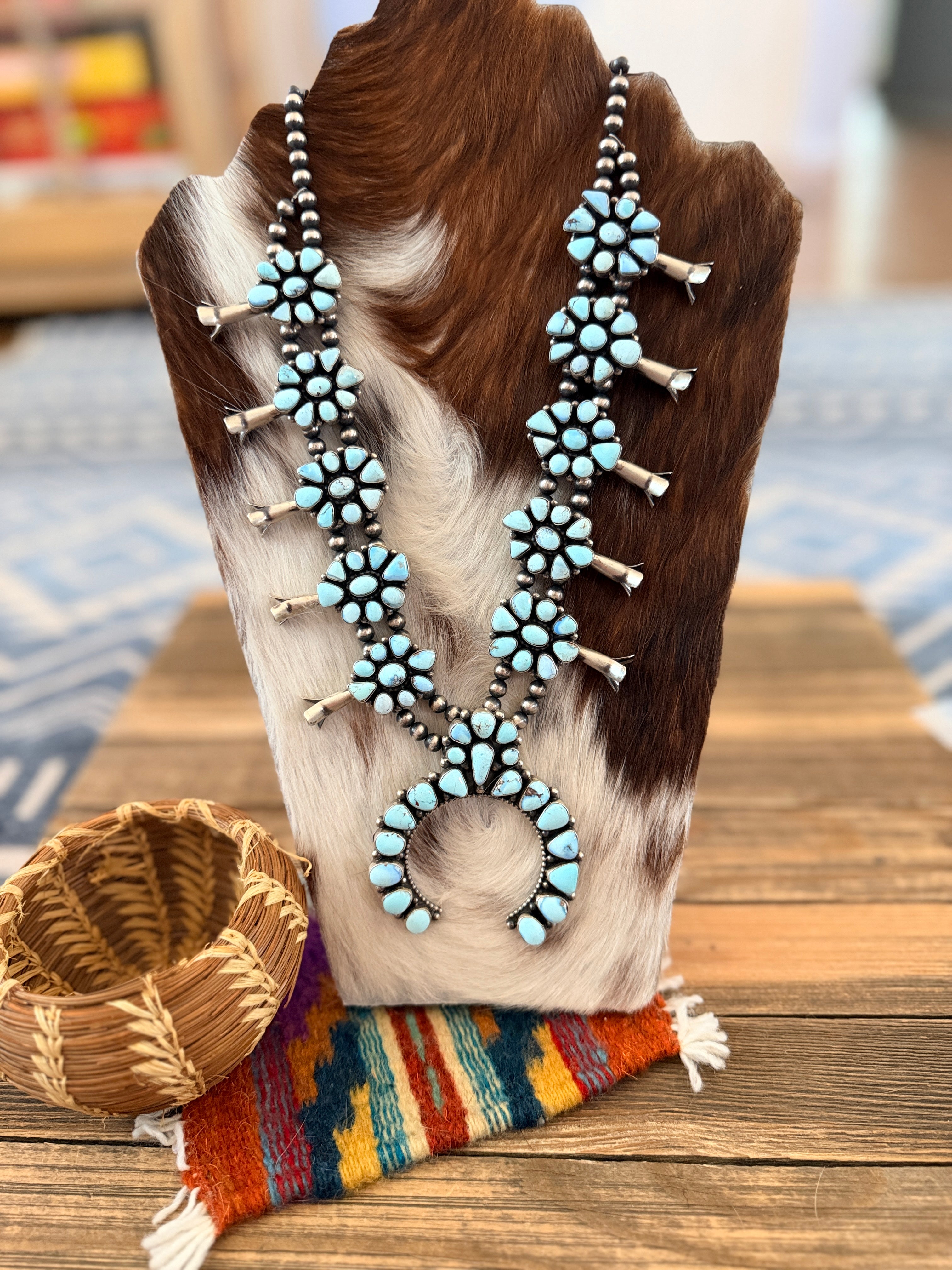 Handcrafted Golden Hills Turquoise & Sterling Silver Beaded Squash Blossom Necklace by Pansy Johnson