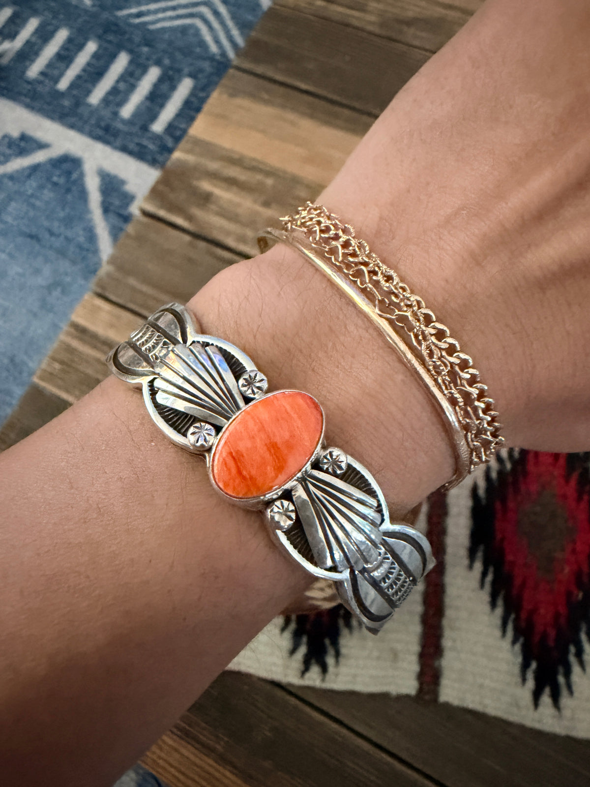 Handcrafted Orange Spiny & Sterling Silver Cuff Bracelet