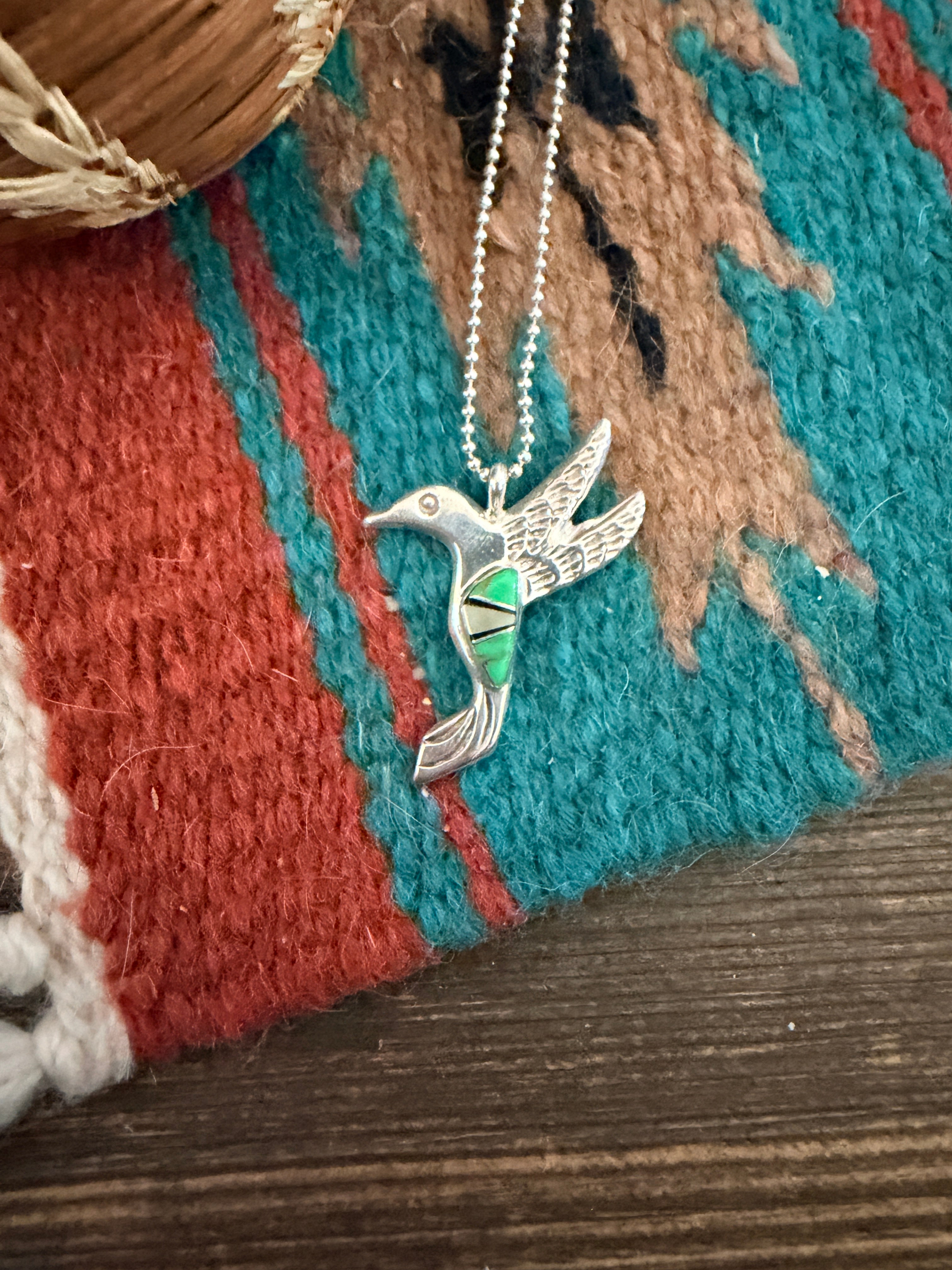 Handcrafted Sterling Silver and Multi Stone Inlay Hummingbird Pendant