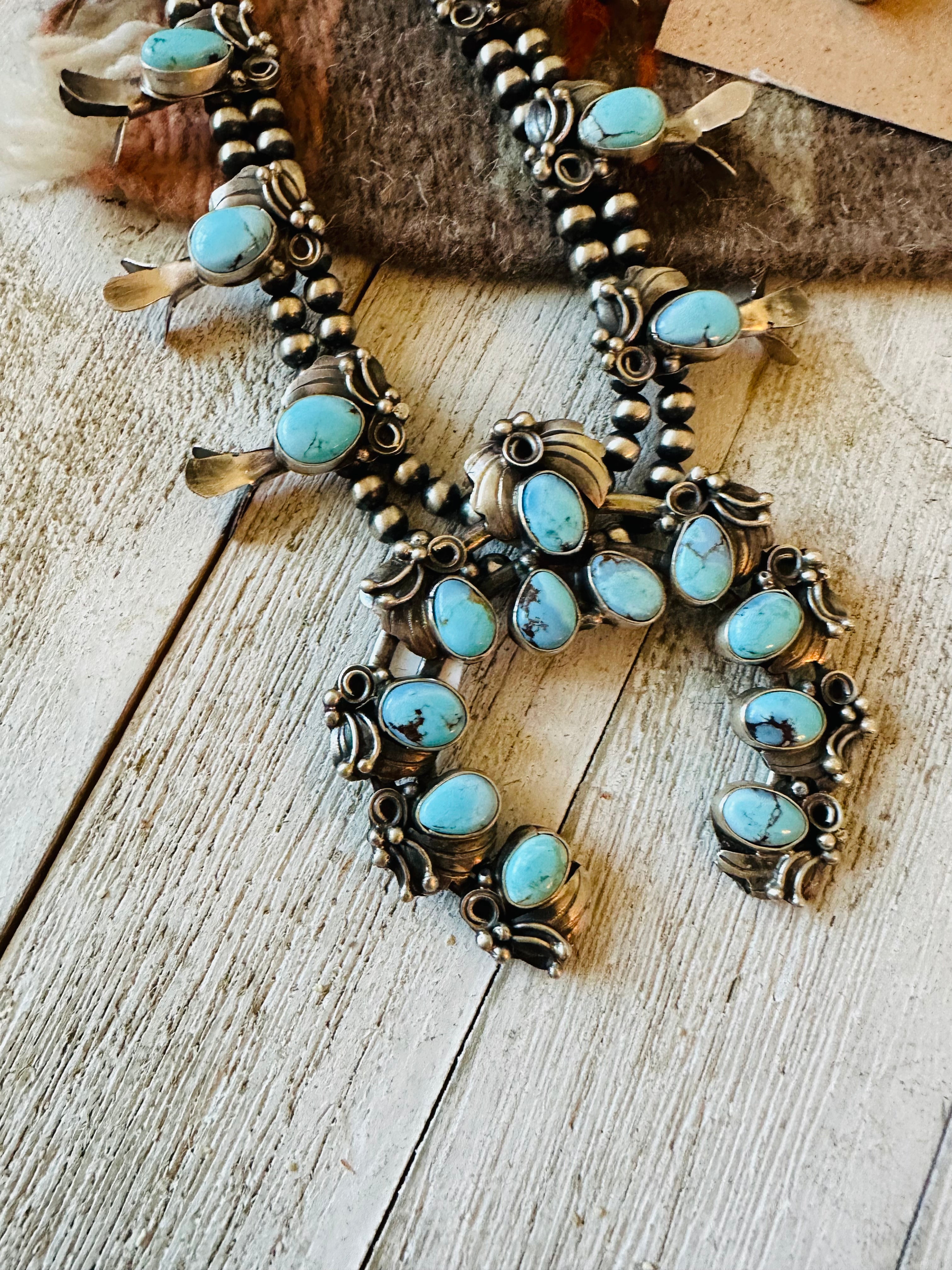 Navajo Golden Hills Turquoise & Sterling Silver Squash Blossom Necklace Set