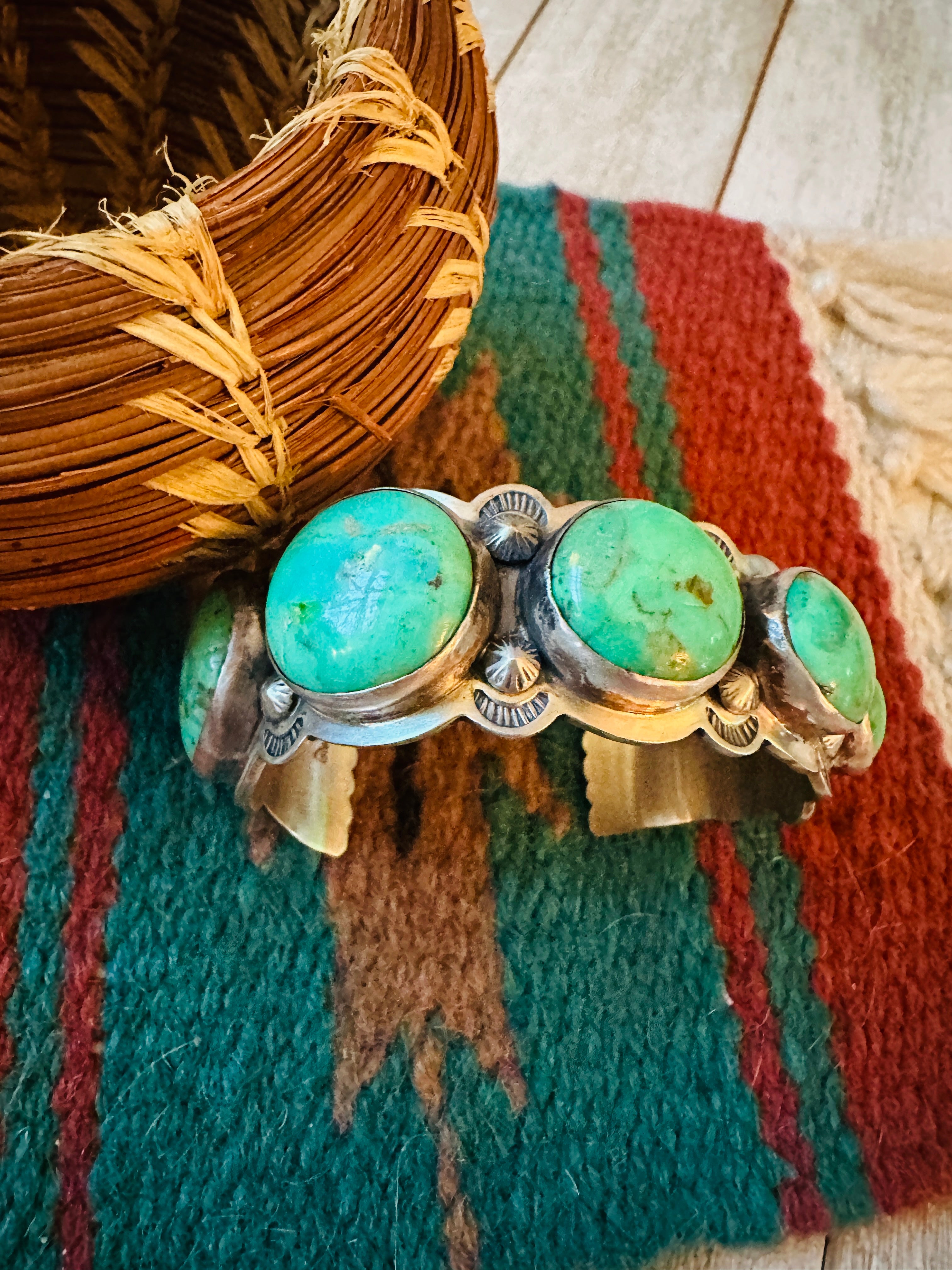 Handcrafted Green Kingman Turquoise & Sterling Silver Cuff Bracelet