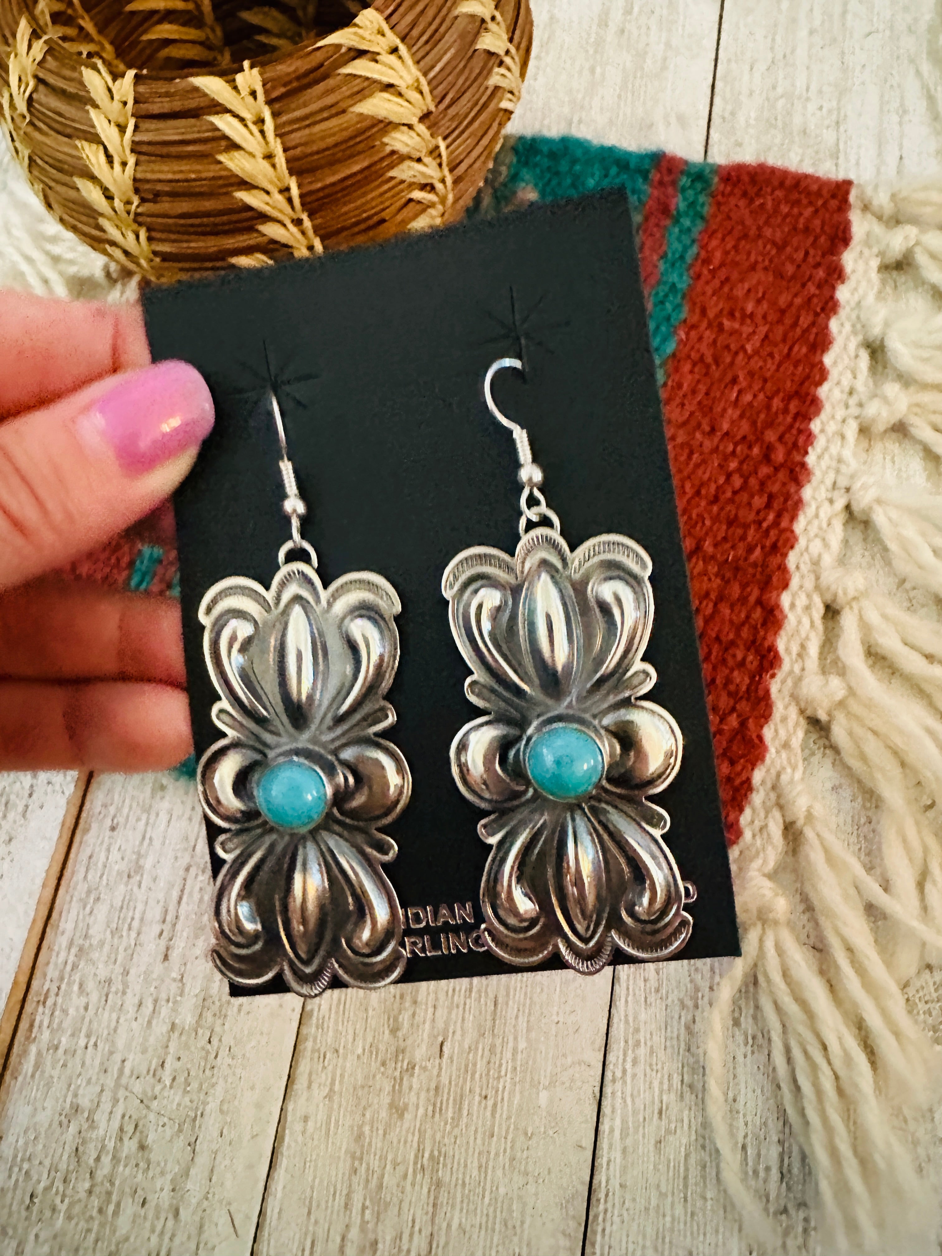 Navajo Hand Stamped Sterling Silver & Turquoise Concho Dangle Earrings