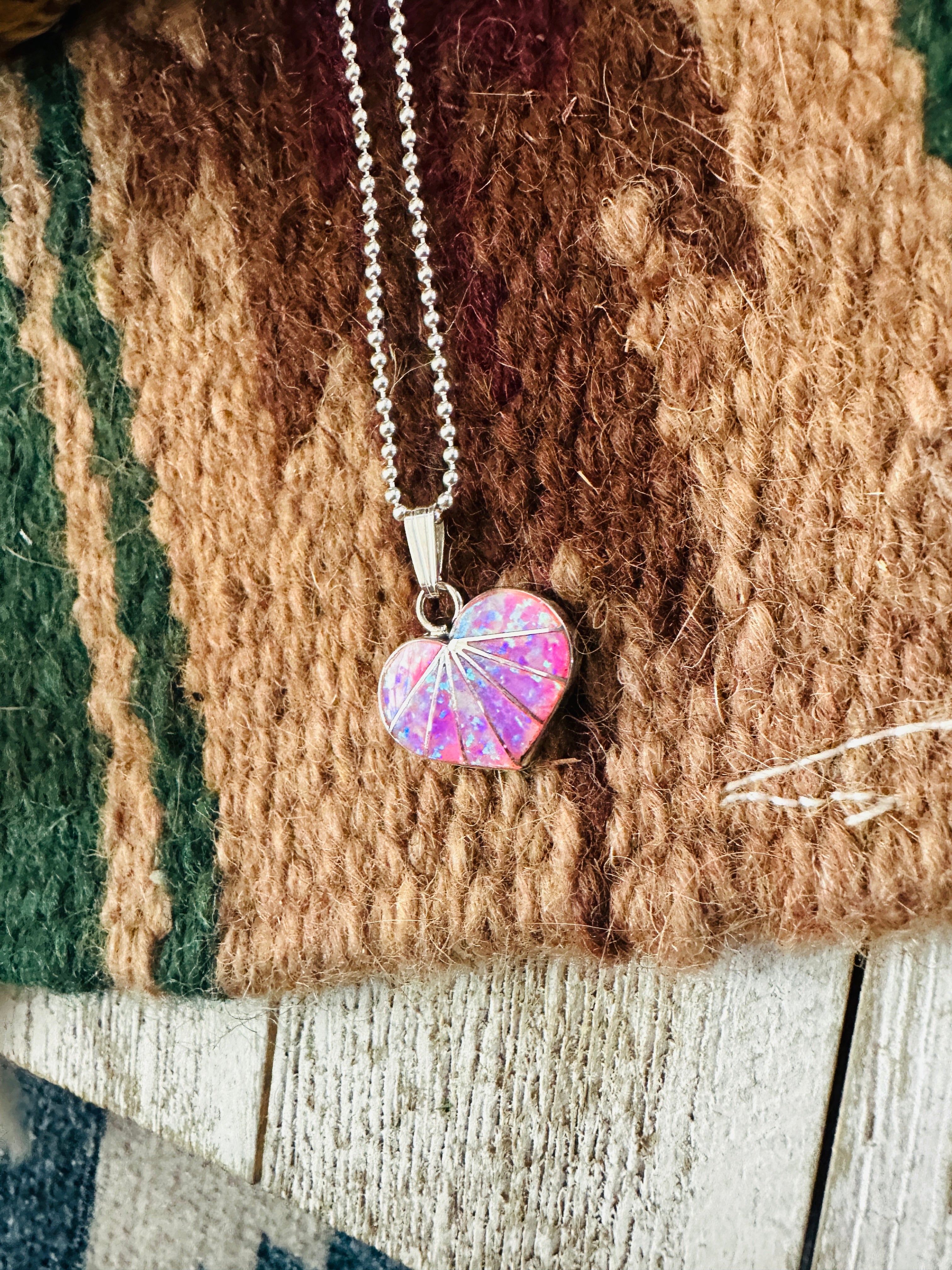 Handcrafted Pink Opal & Sterling Silver Inlay Heart Pendant