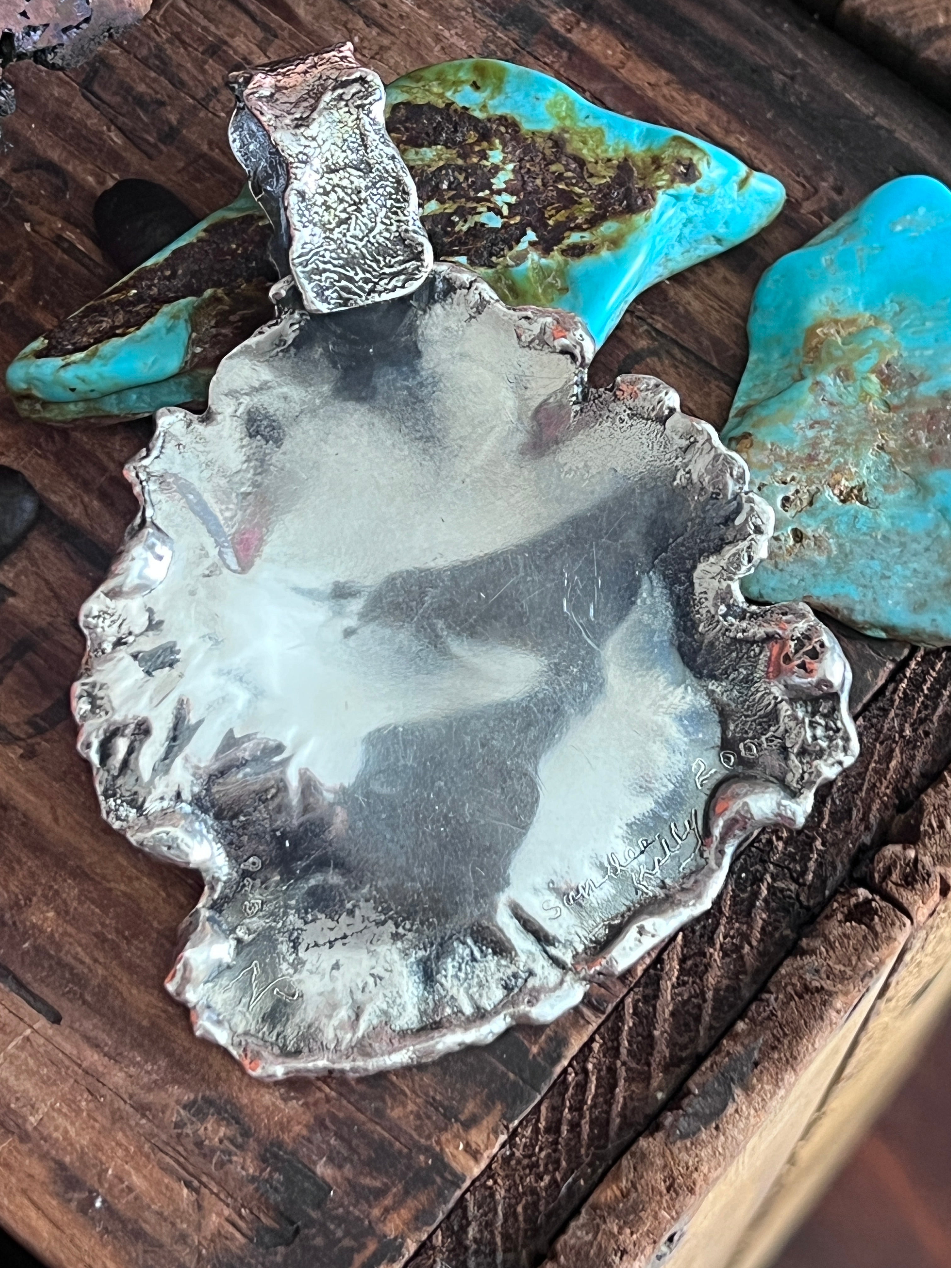 Vintage Artisan Sterling Silver and Turquoise Brutalist Style Pendant Signed Sandee Kelly