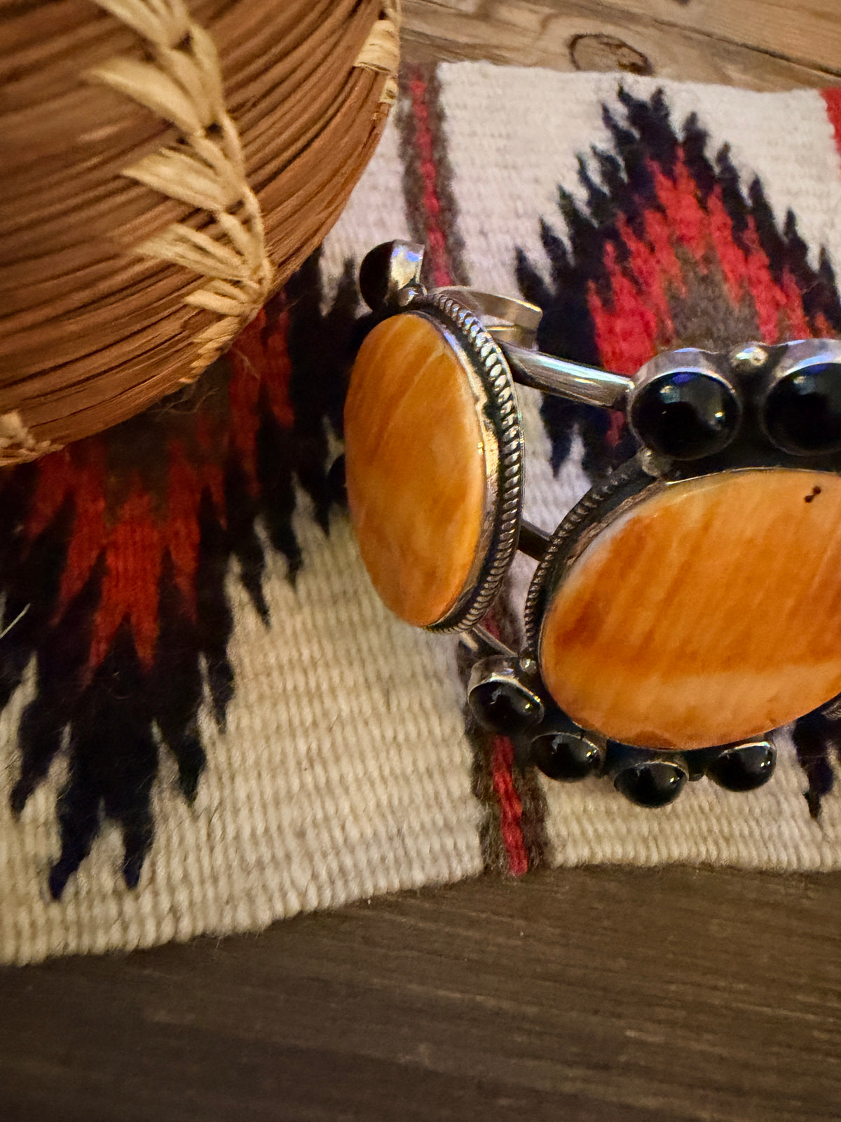 Handcrafted Orange Spiny, Onyx & Sterling Silver Cuff Bracelet by Lorenzo Arviso Jr.