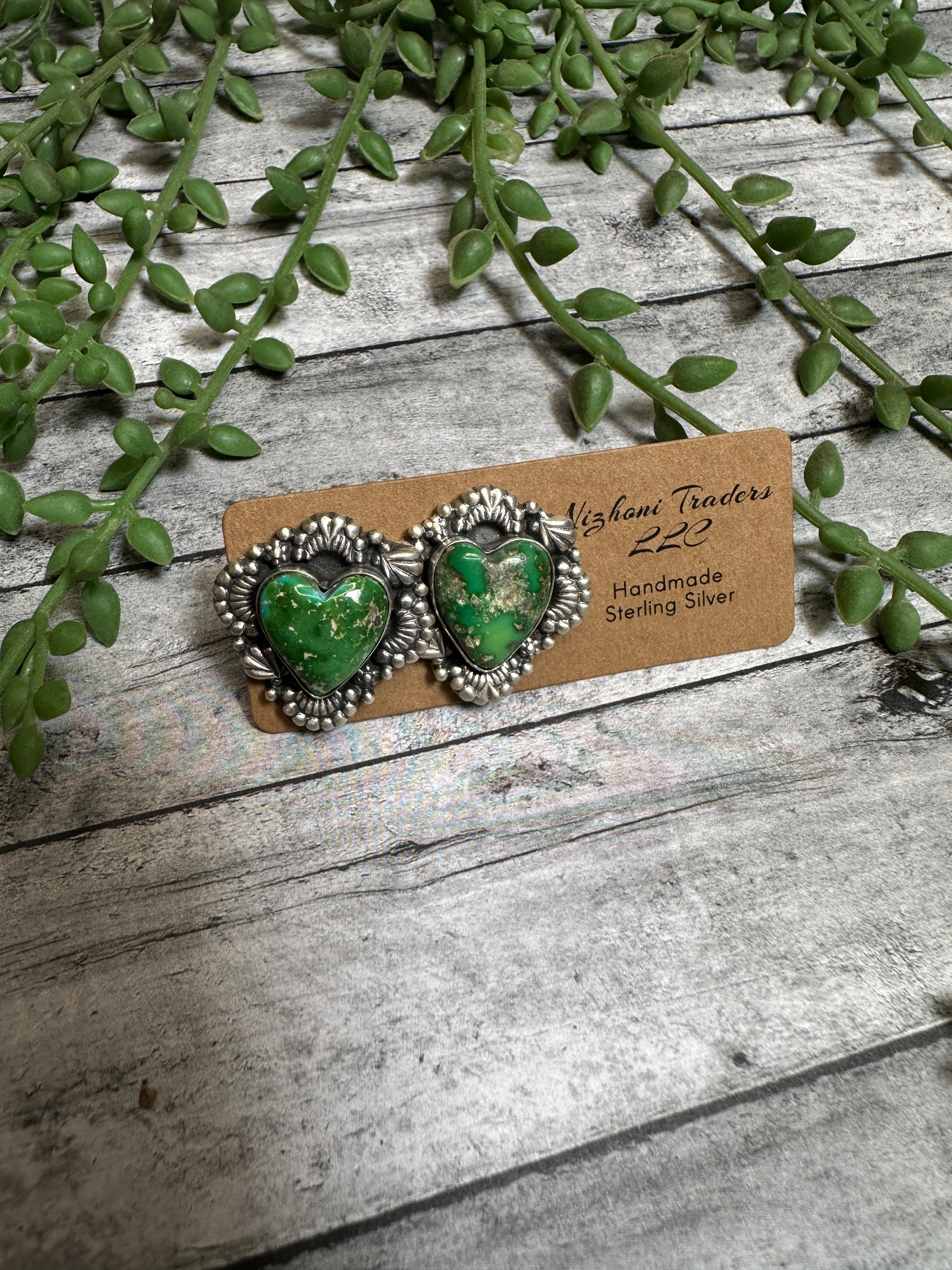 Handmade Sonoran Mountain Turquoise and Sterling Silver Post Heart Earrings GREENS