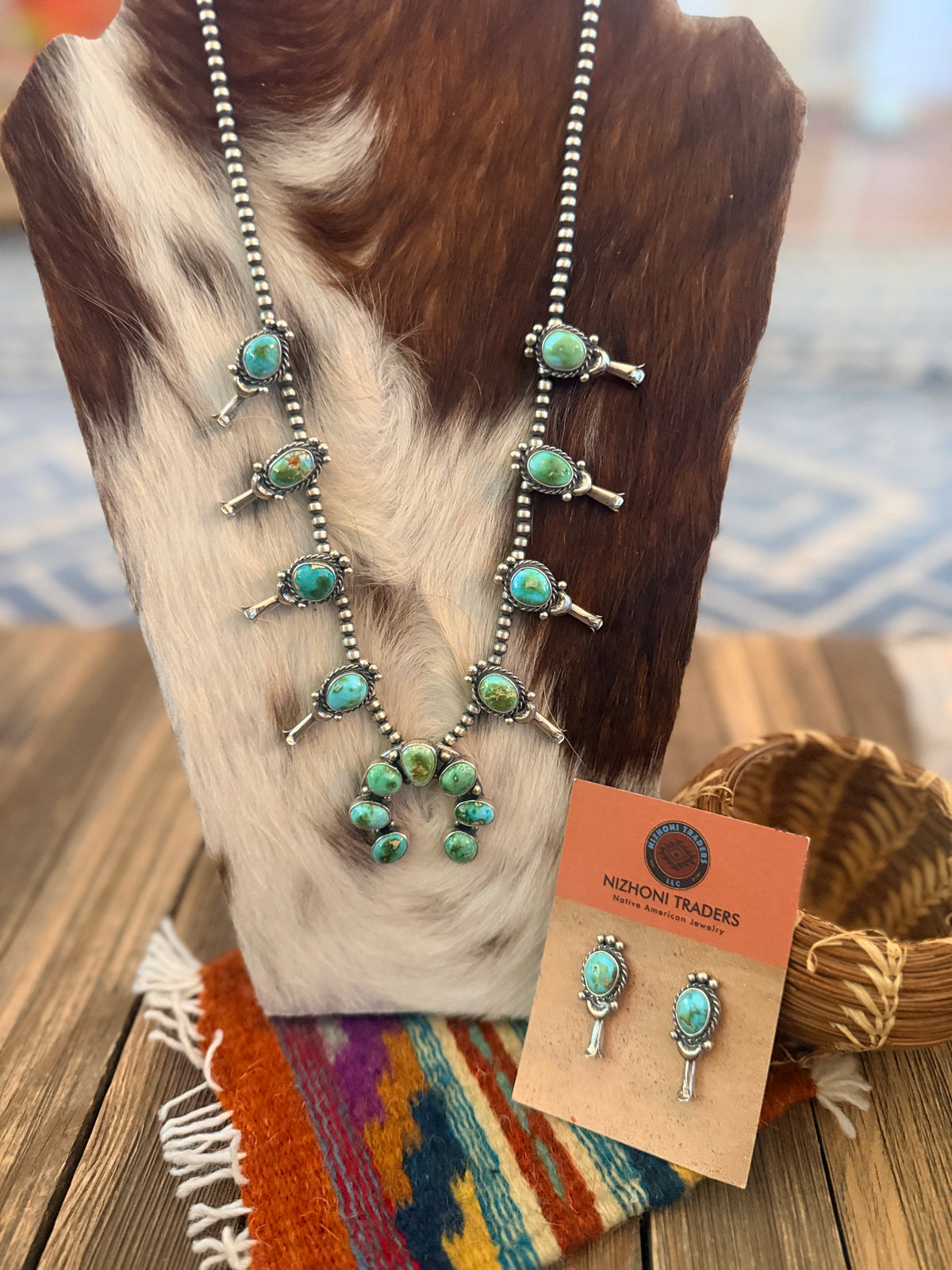 Handcrafted Sonoran Mountain Turquoise & Sterling Silver Squash Blossom Necklace and Earring Set by Larry Kaye