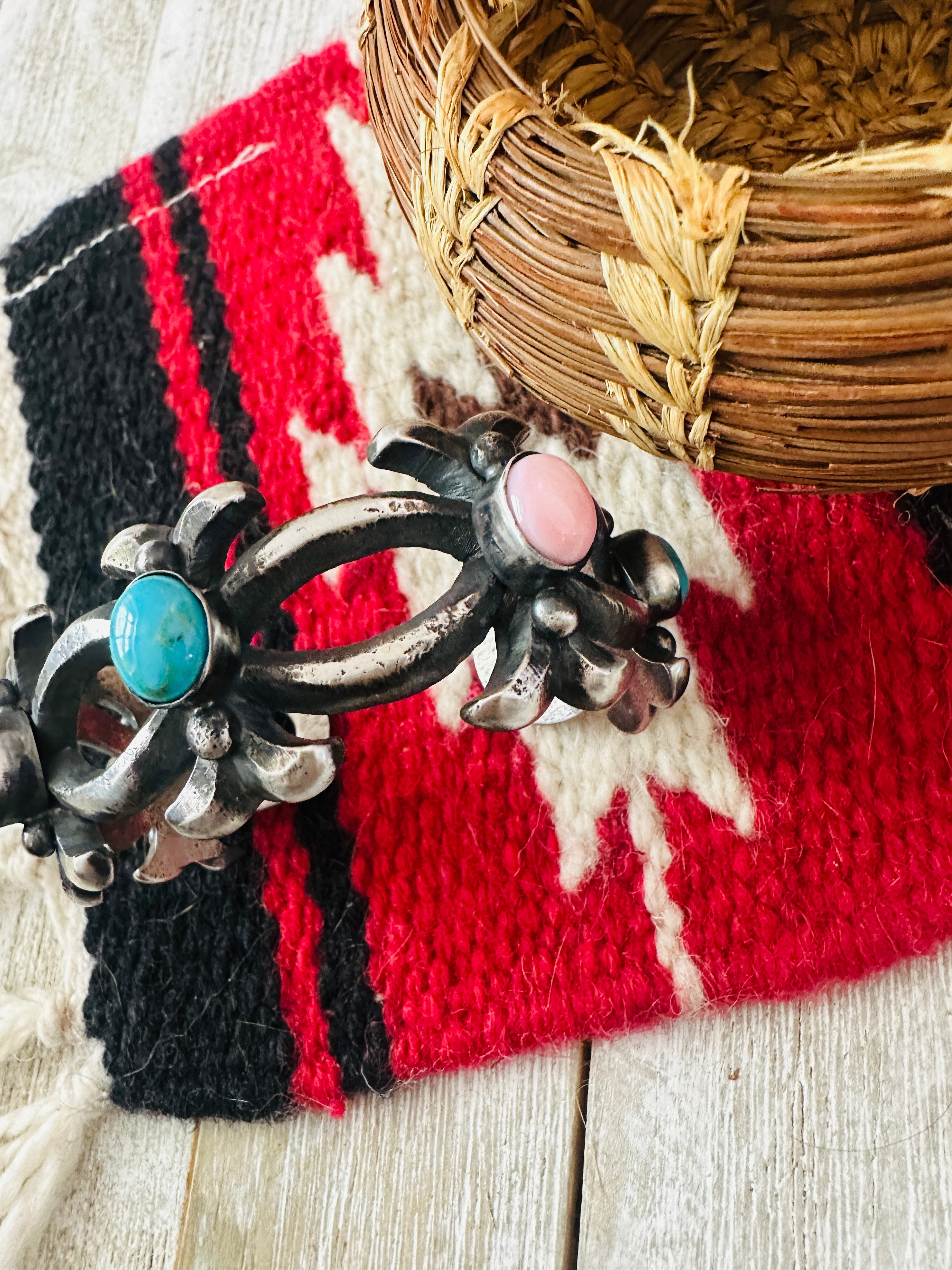 Handcrafted Turquoise, Queen Pink & Sterling Silver Cuff Bracelet by Chimney Butte