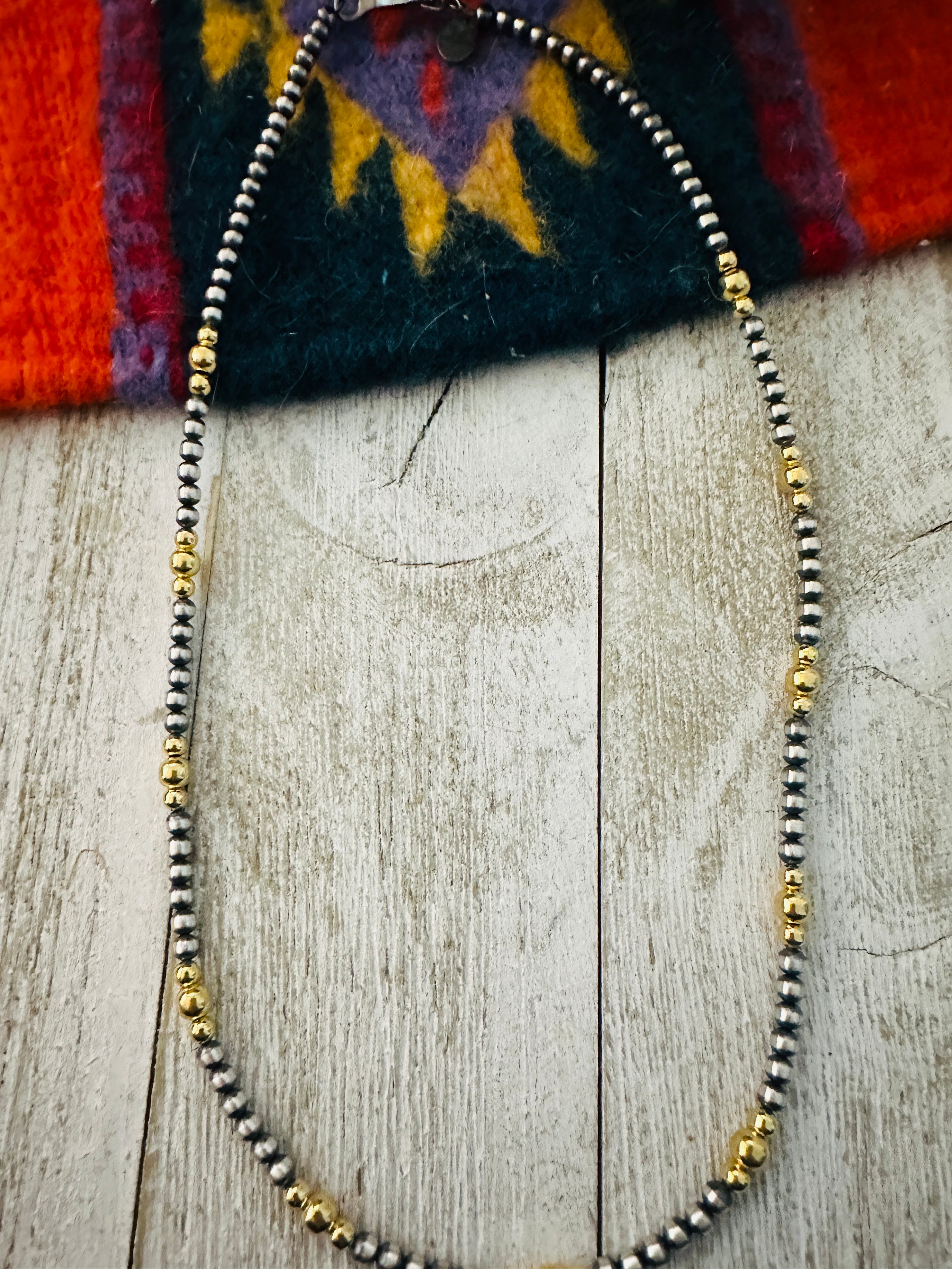 Navajo Sterling Silver & Gold Beaded 16” Necklace