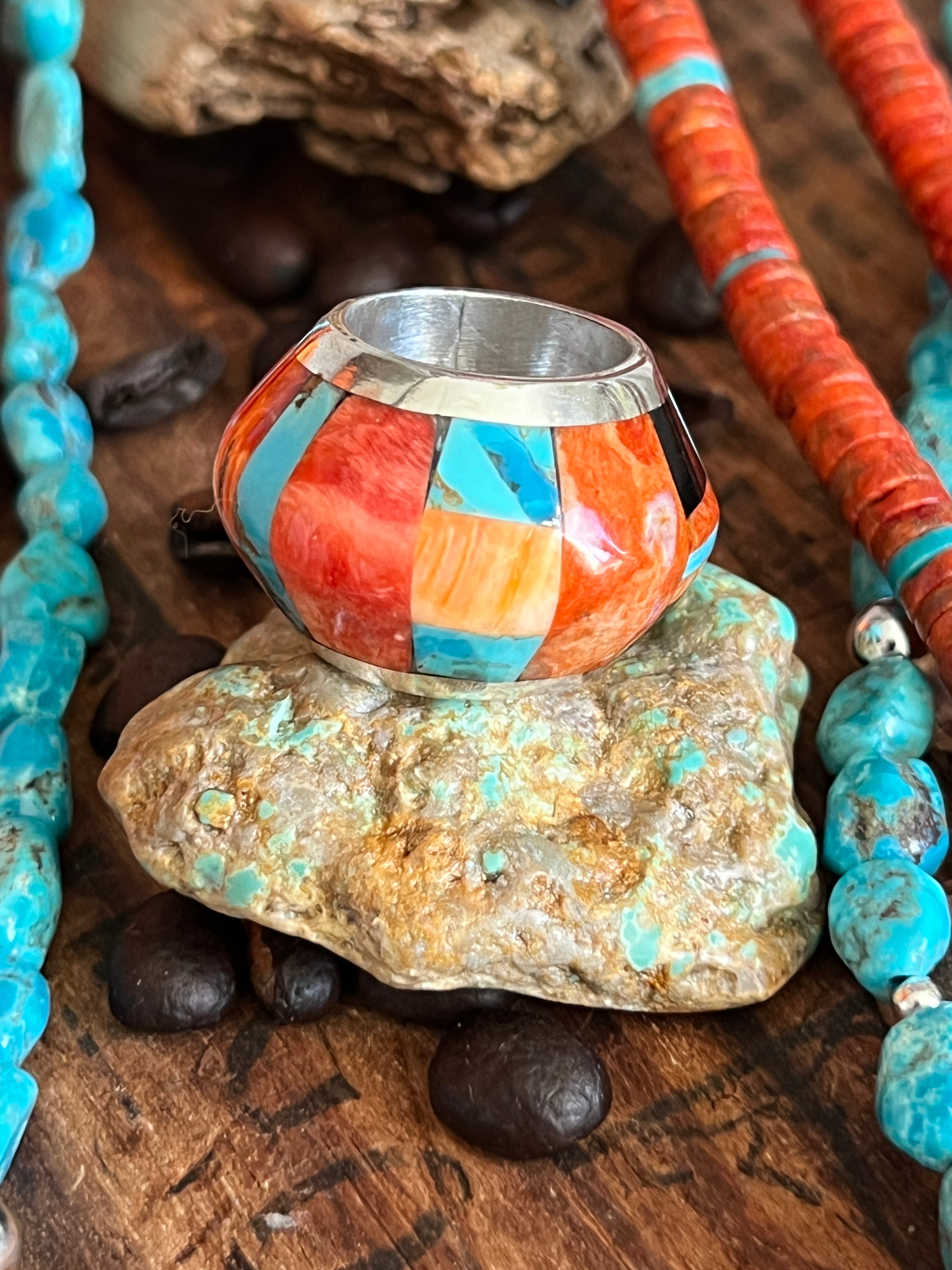 Daniel Coriz Triple Strand Apple Coral and Turquoise Beaded Necklace w/ Sterling Silver Removable Inlay Bead