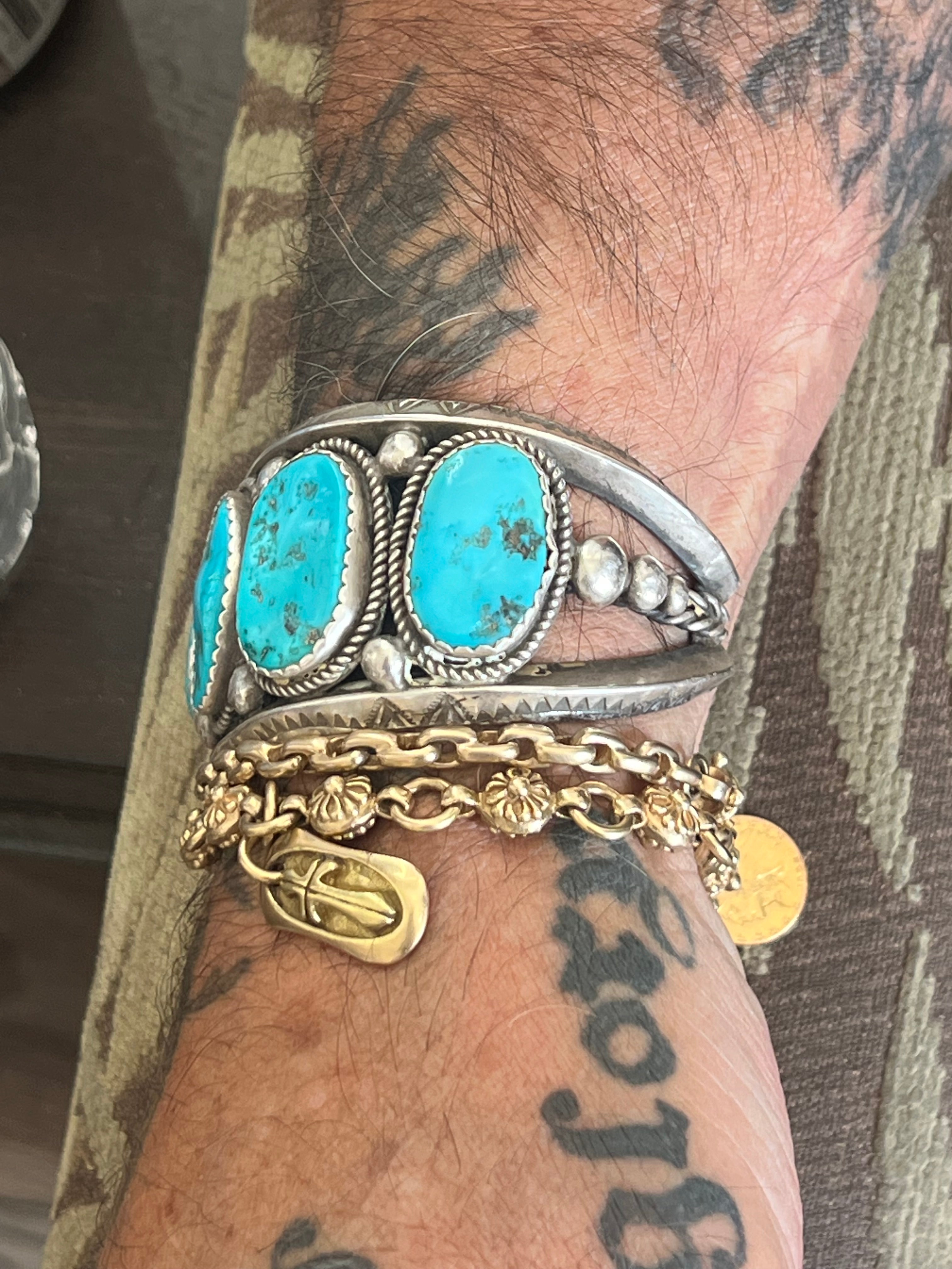 Handcrafted Old Pawn Sterling Silver and Natural Sleeping Beauty Turquoise Cuff Bracelet, Signed /