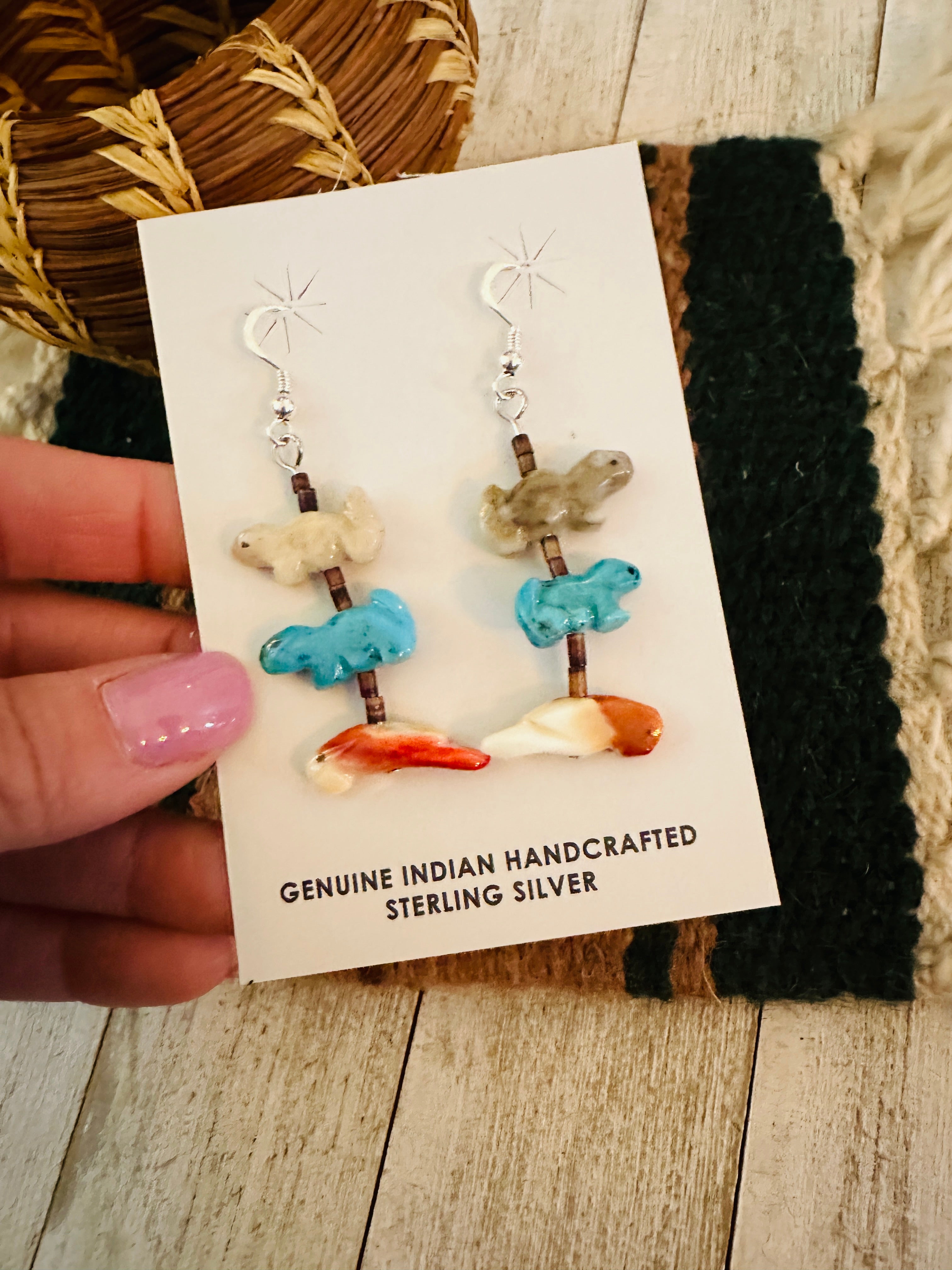 Zuni Multi Stone Beaded Fetish Dangle Earrings