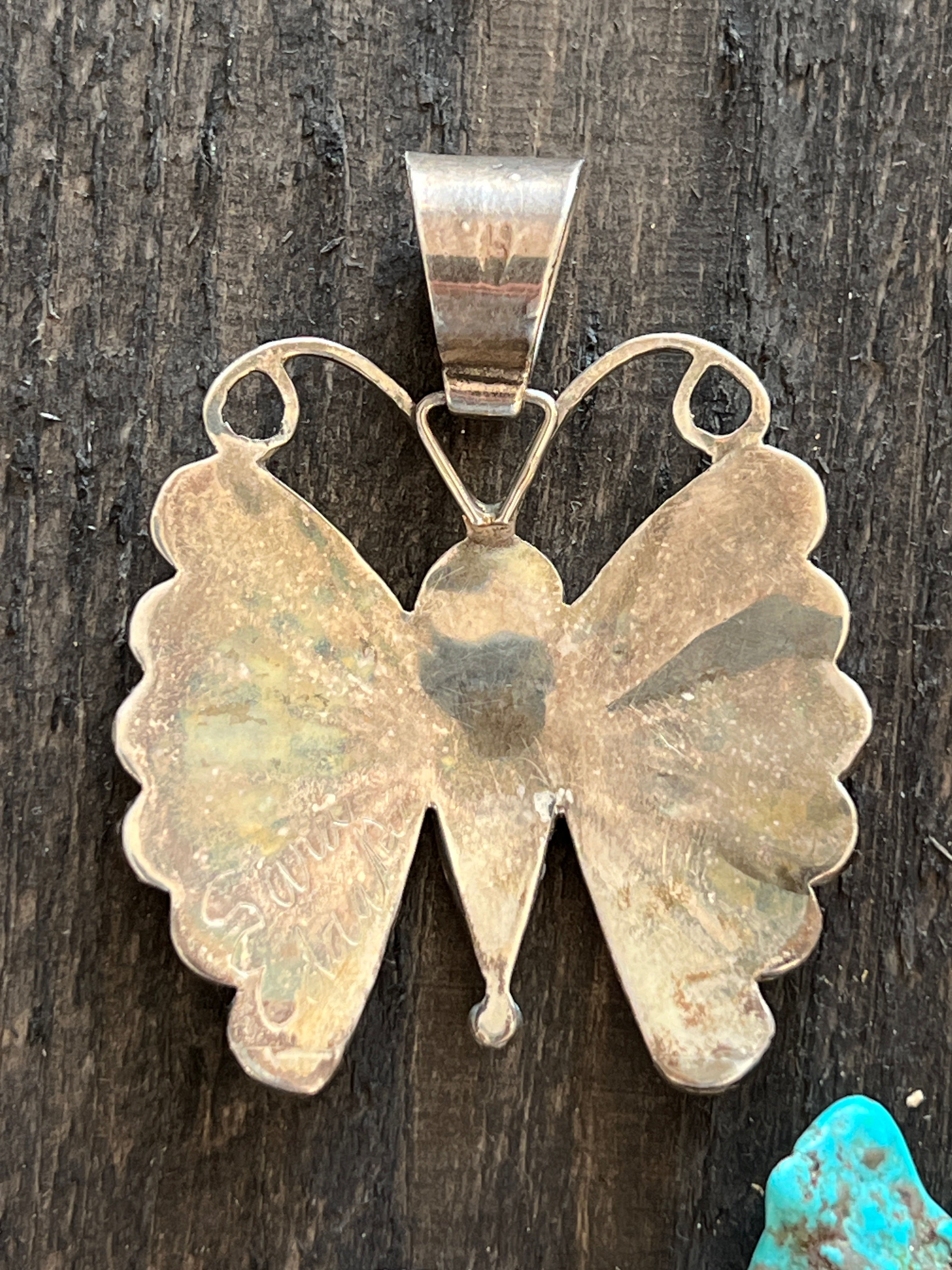 Vintage Handcrafted Sterling Silver, Turquoise, Spiny Oyster Shell and Jet Inlay Butterfly Pendant by Sara Edaakie