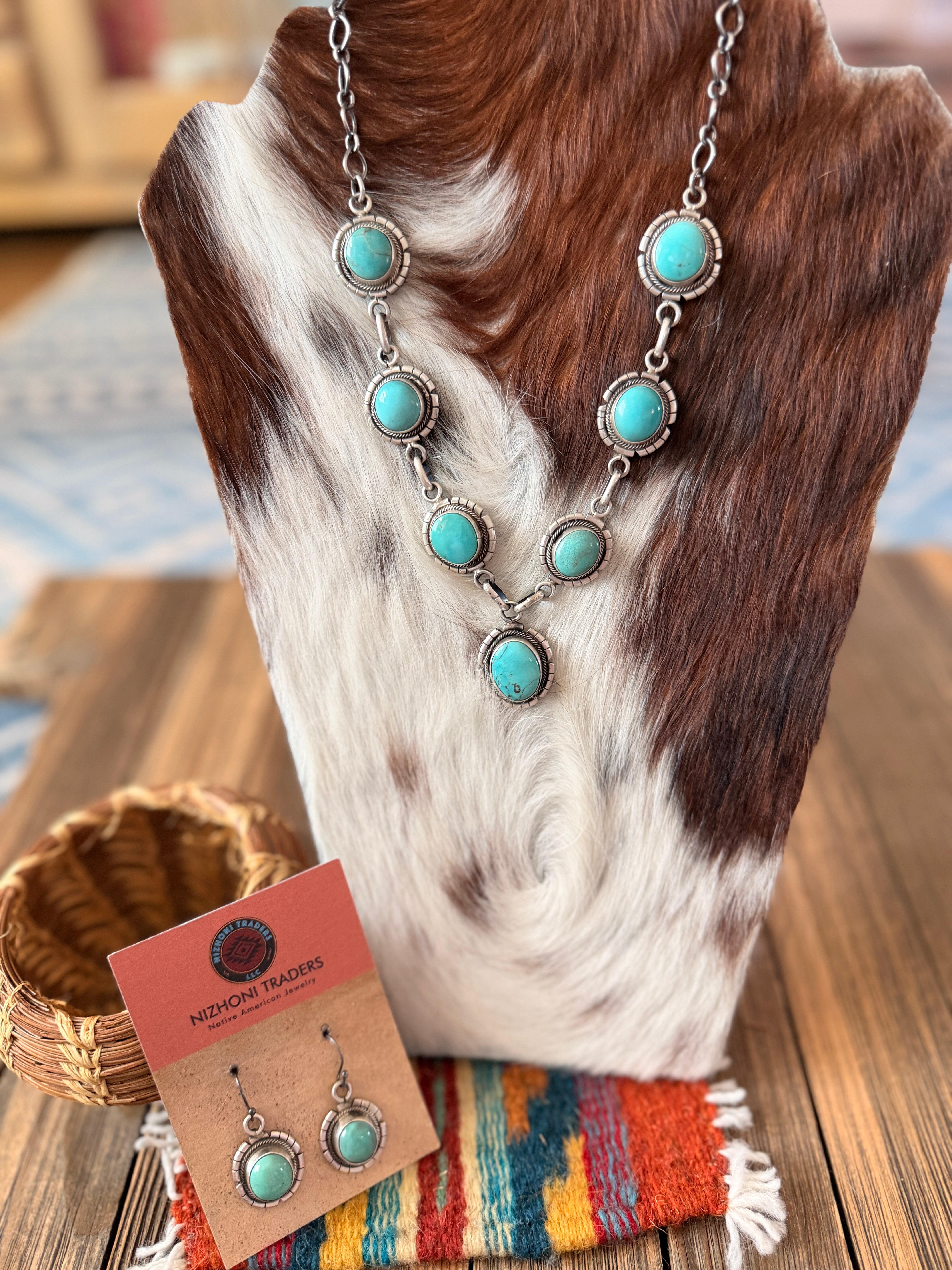 Handcrafted Turquoise & Sterling Silver Necklace and Earring Set