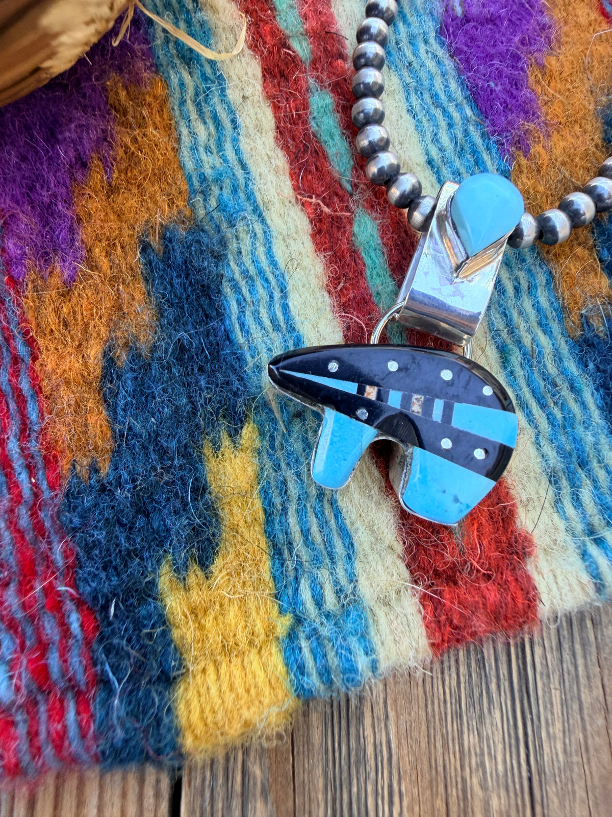 Handcrafted Sterling Silver and Multi Stone Inlay Bear Pendant by Ray Jack