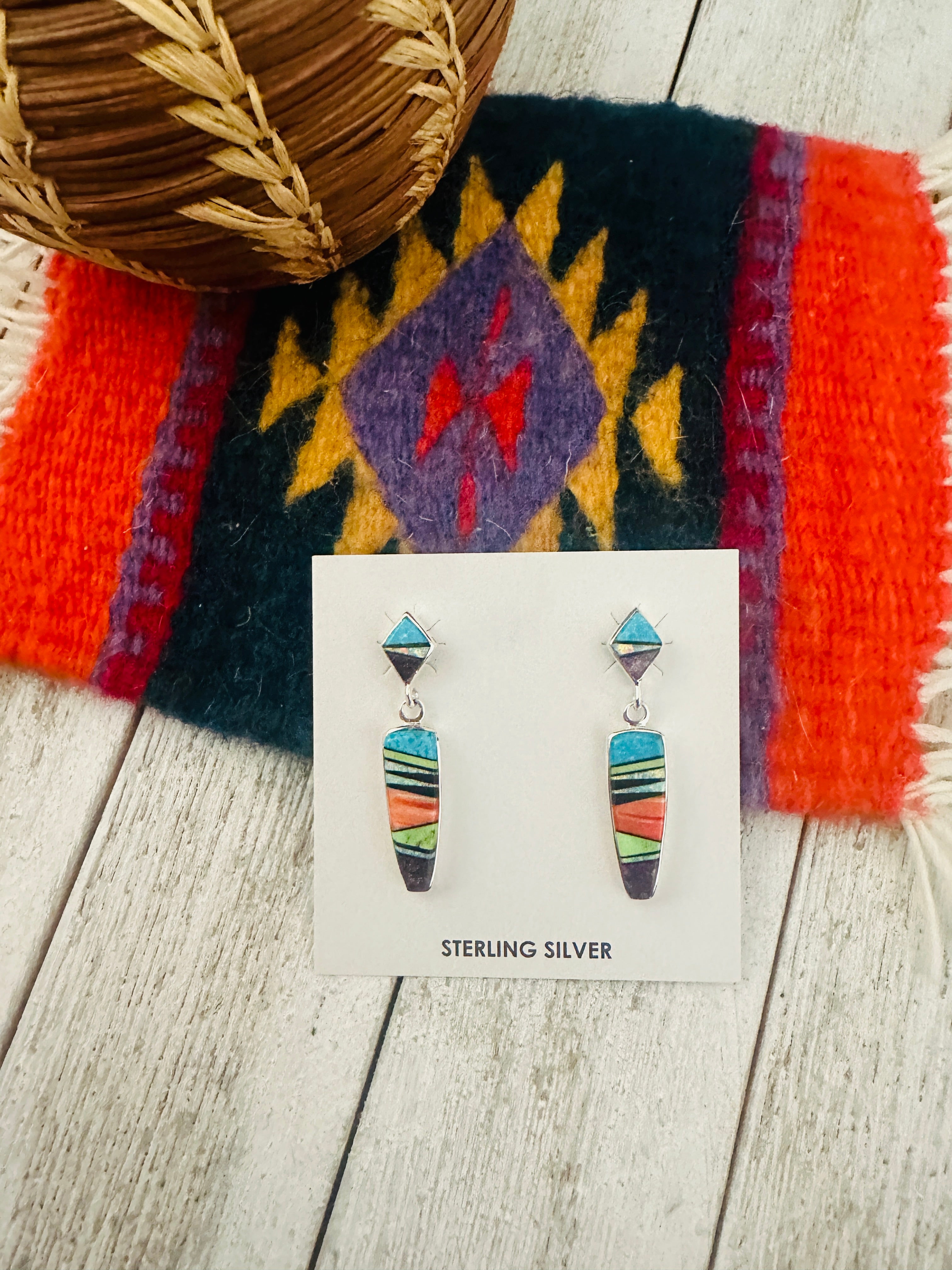 Navajo Multi Stone & Sterling Silver Inlay Dangle Earrings