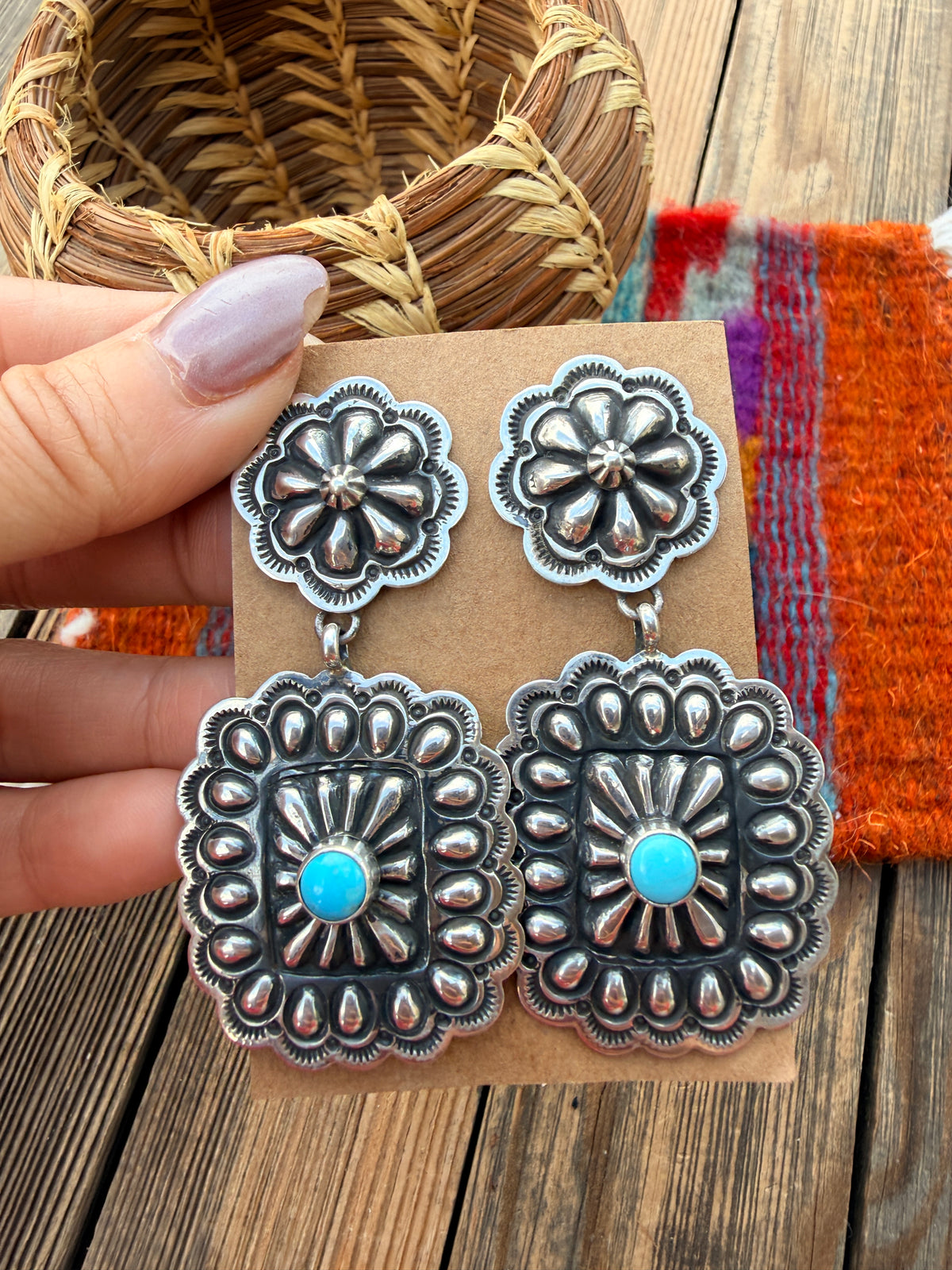 Handcrafted Turquoise & Sterling Silver Concho Dangle Earrings