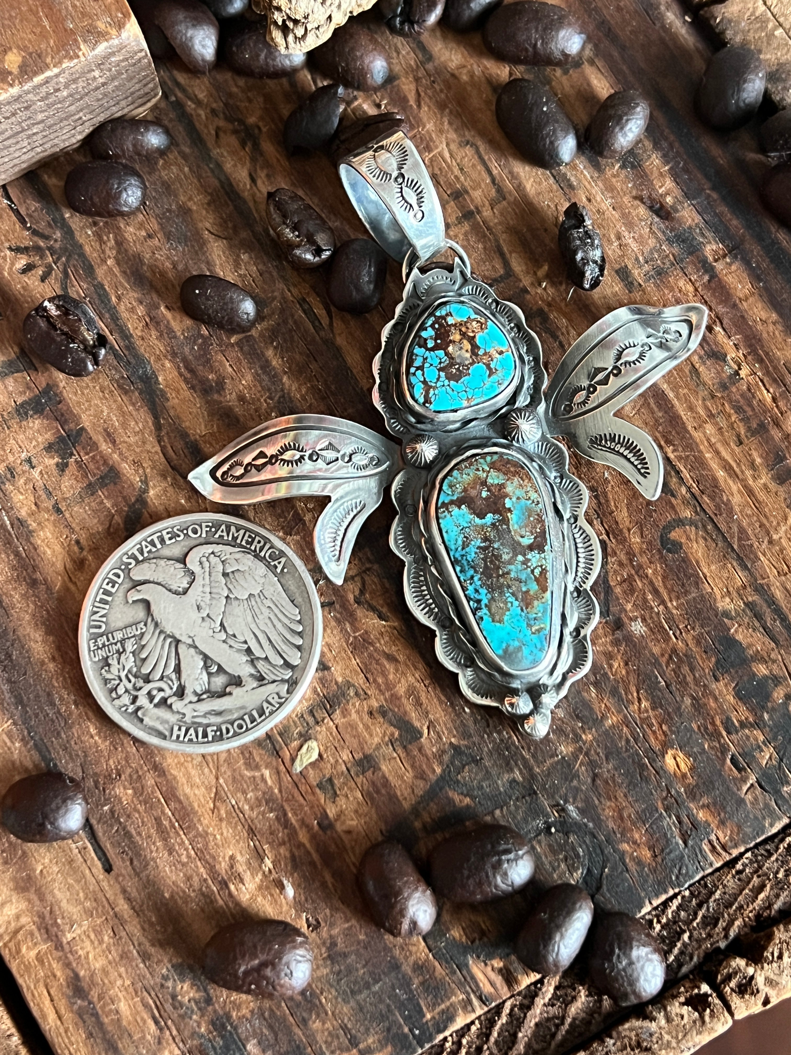 Kimari Somers Hand Stamped Sterling Silver and Turquoise Winged Bug Pendant