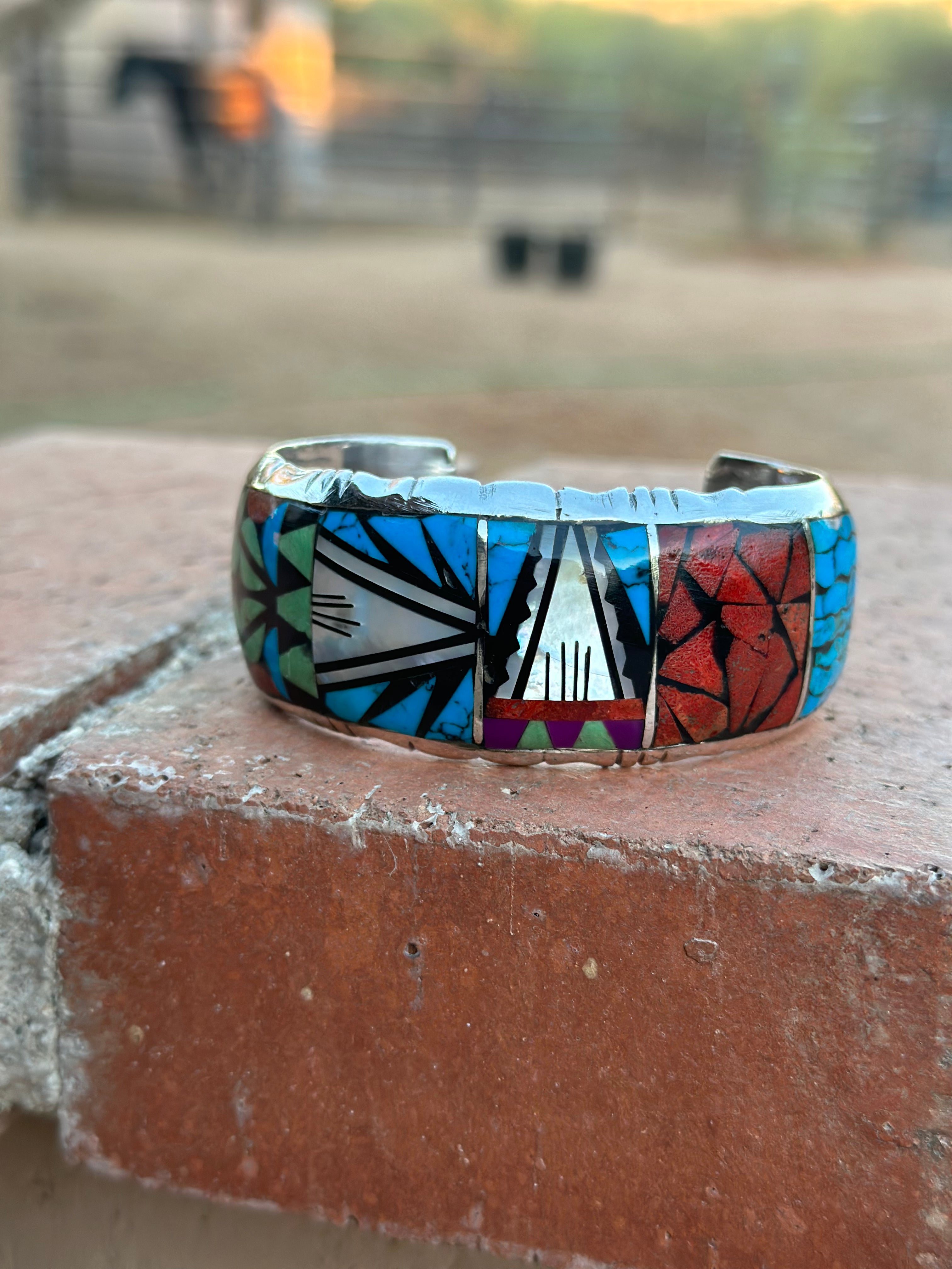 Handmade Sterling Silver Multi Stone Mosaic  Inlay Cuff