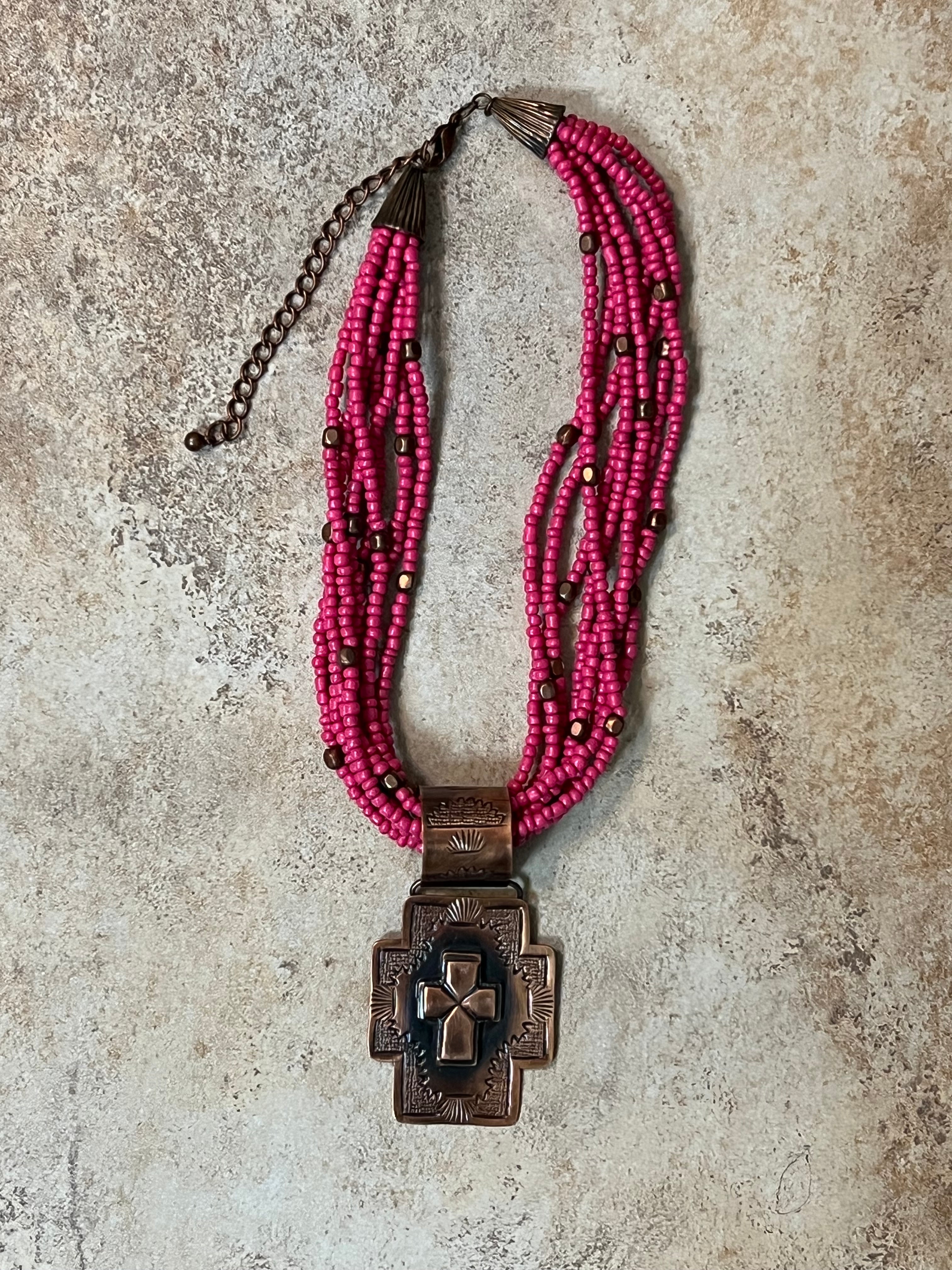 Copper Cross Pendant on Hot Pink Beaded Necklace