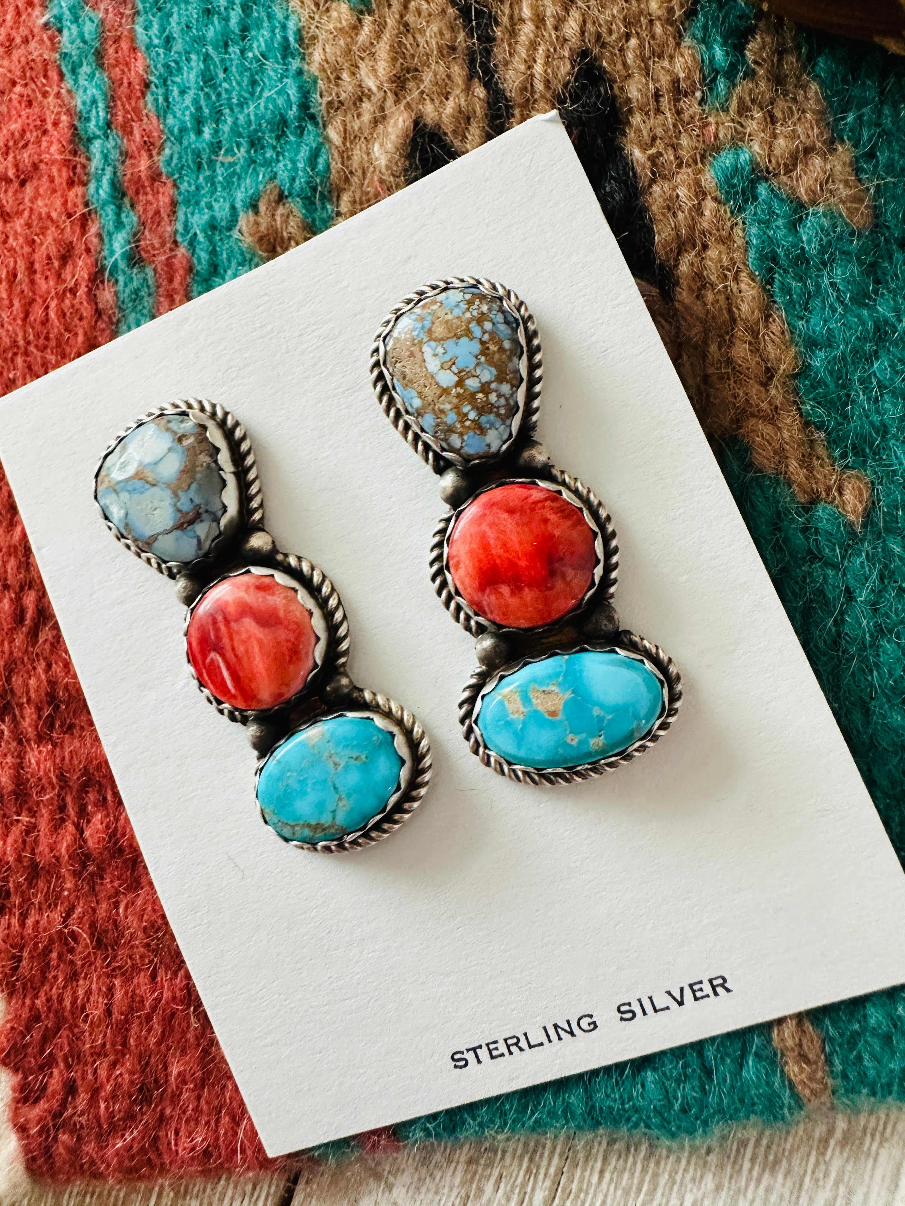 Handcrafted Red Spiny, Turquoise and Sterling Silver Dangle Earrings