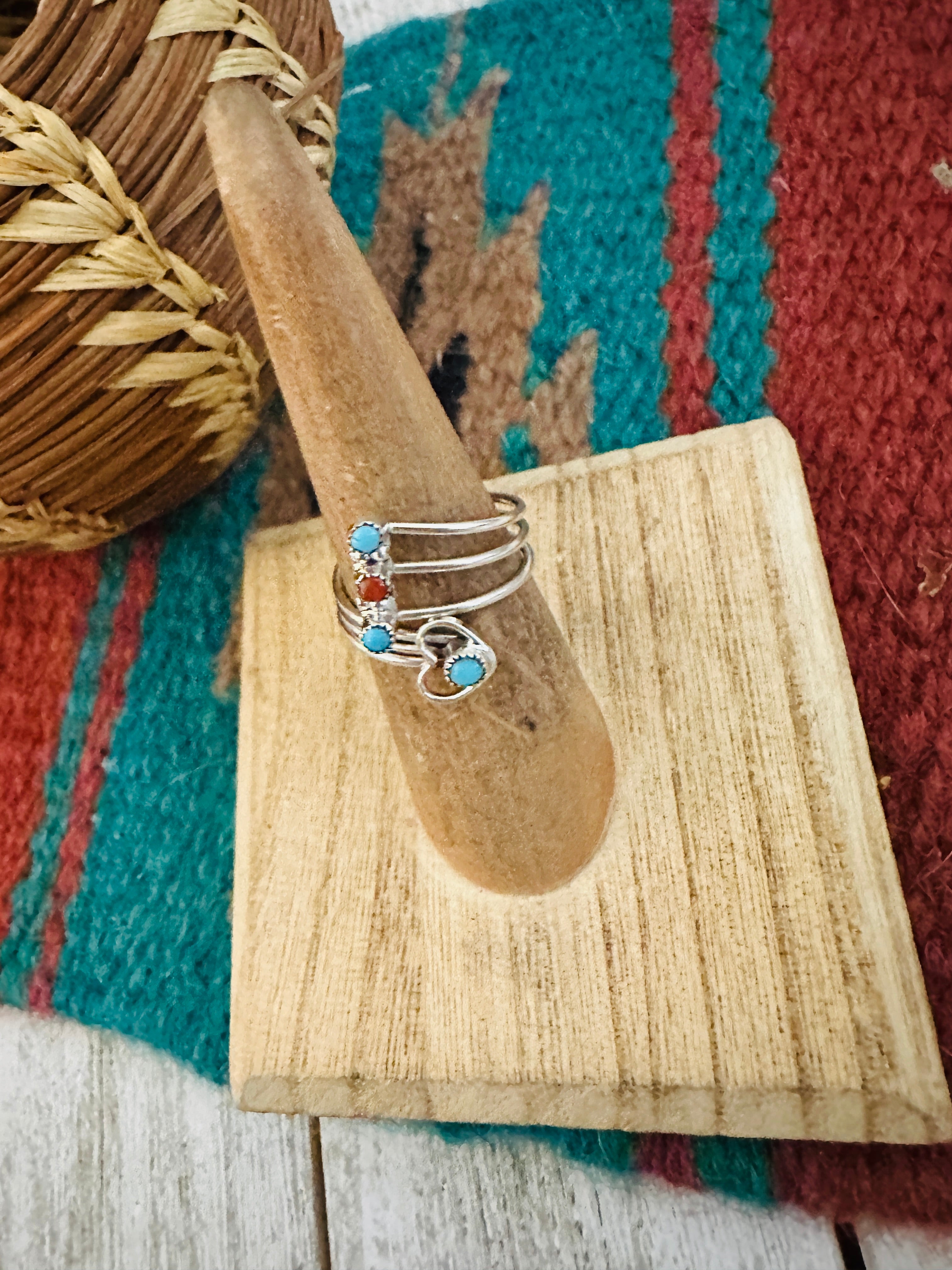 Zuni Turquoise, Coral & Sterling Silver Heart Adjustable Ring