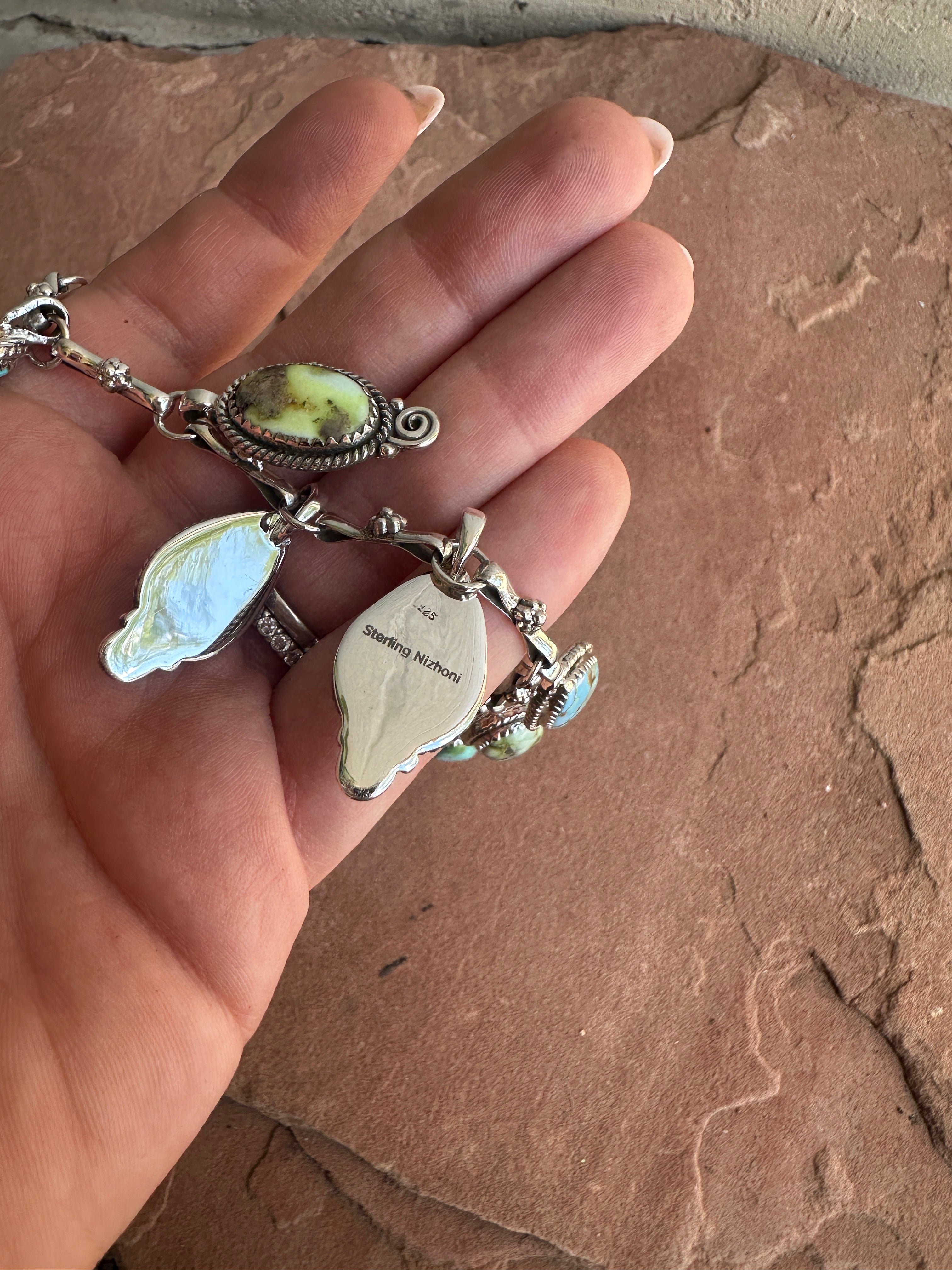 Beautiful Handmade Sterling Silver, Golden Hills Turquoise, Sonoran Turquoise & Palomino Turquoise Charm Necklace