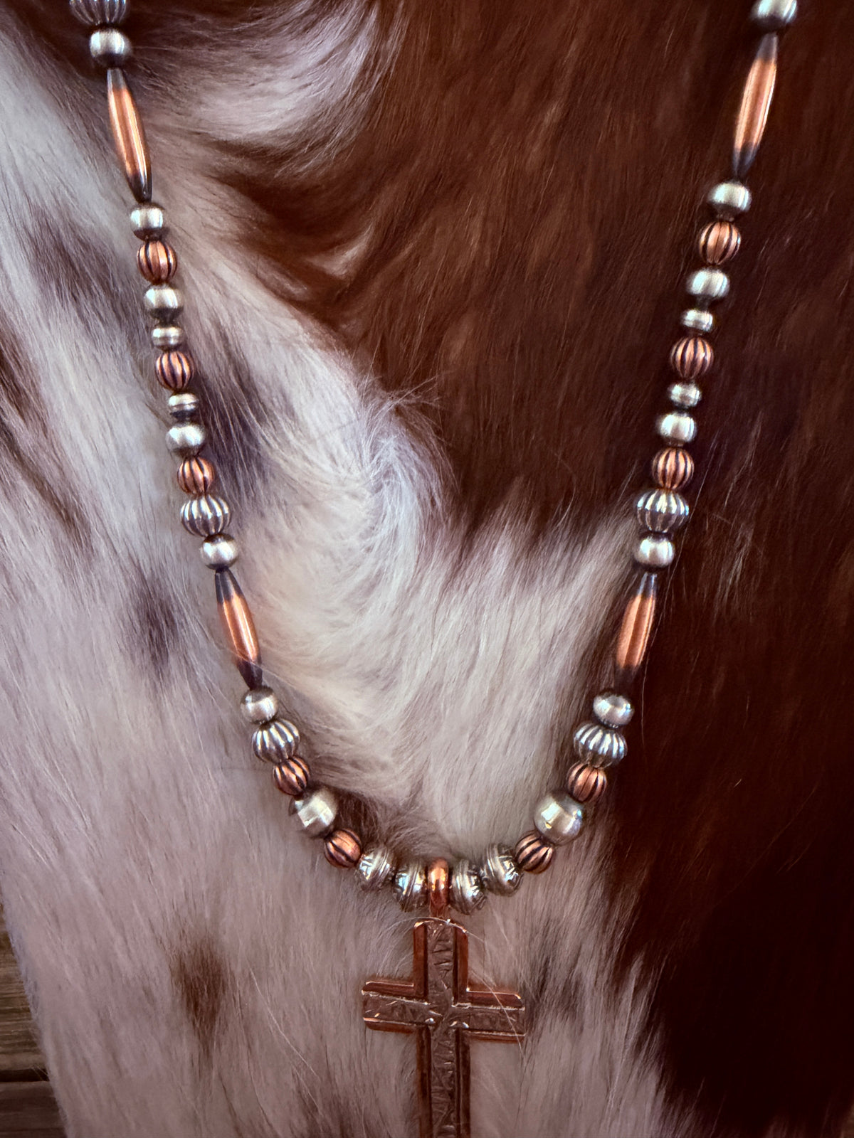 Handcrafted Copper and Sterling Silver Cross Beaded Necklace by Landon Secatero