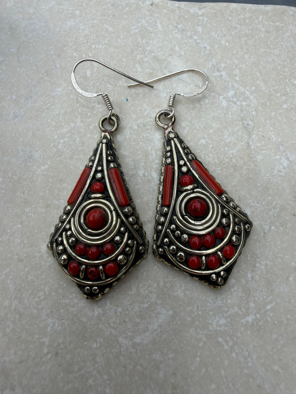 Red Coral & Silver Tribal Drop Earrings – Boho Statement Dangles