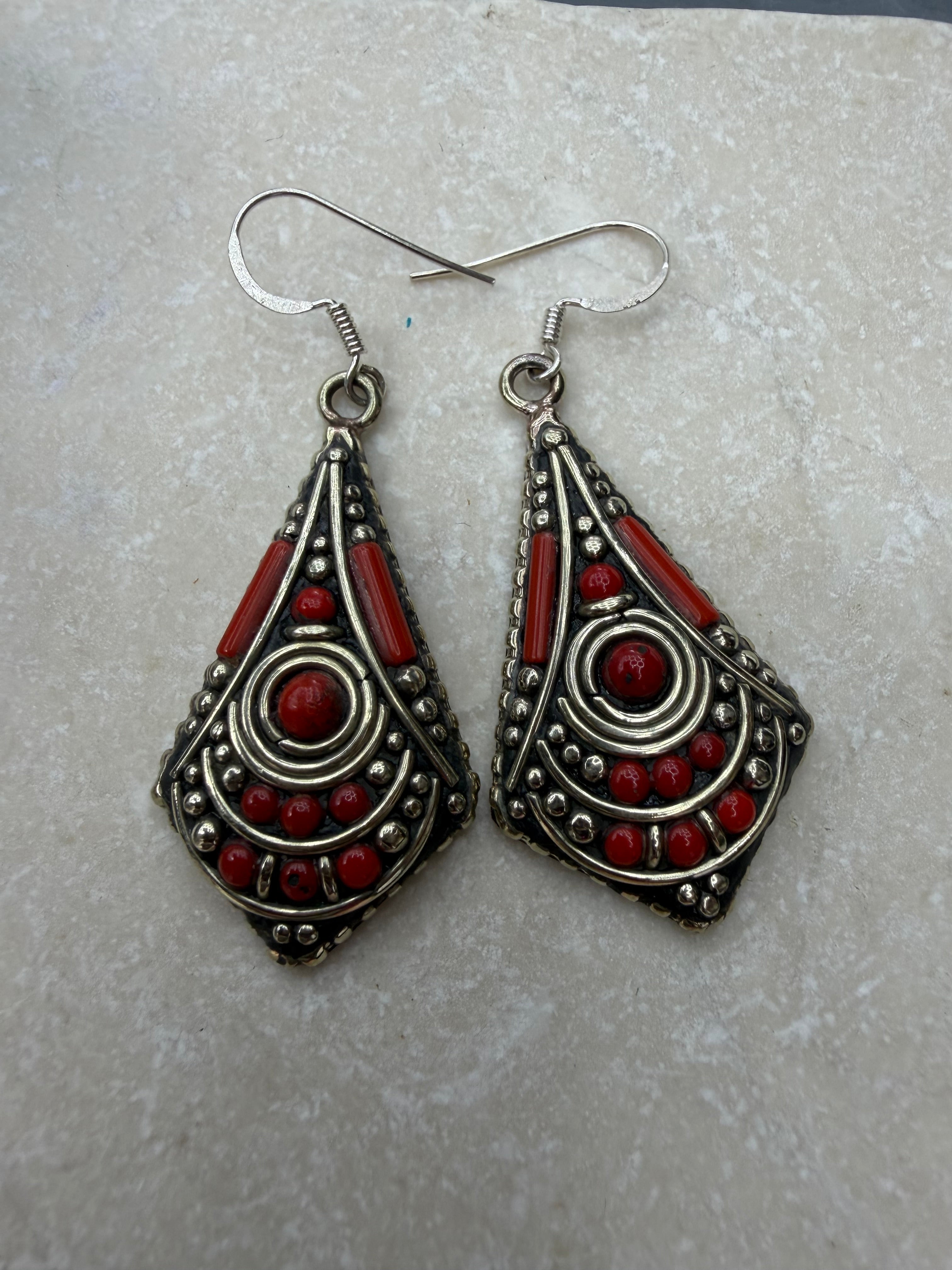 Red Coral & Silver Tribal Drop Earrings – Boho Statement Dangles