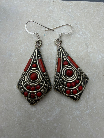 Red Coral & Silver Tribal Drop Earrings – Boho Statement Dangles