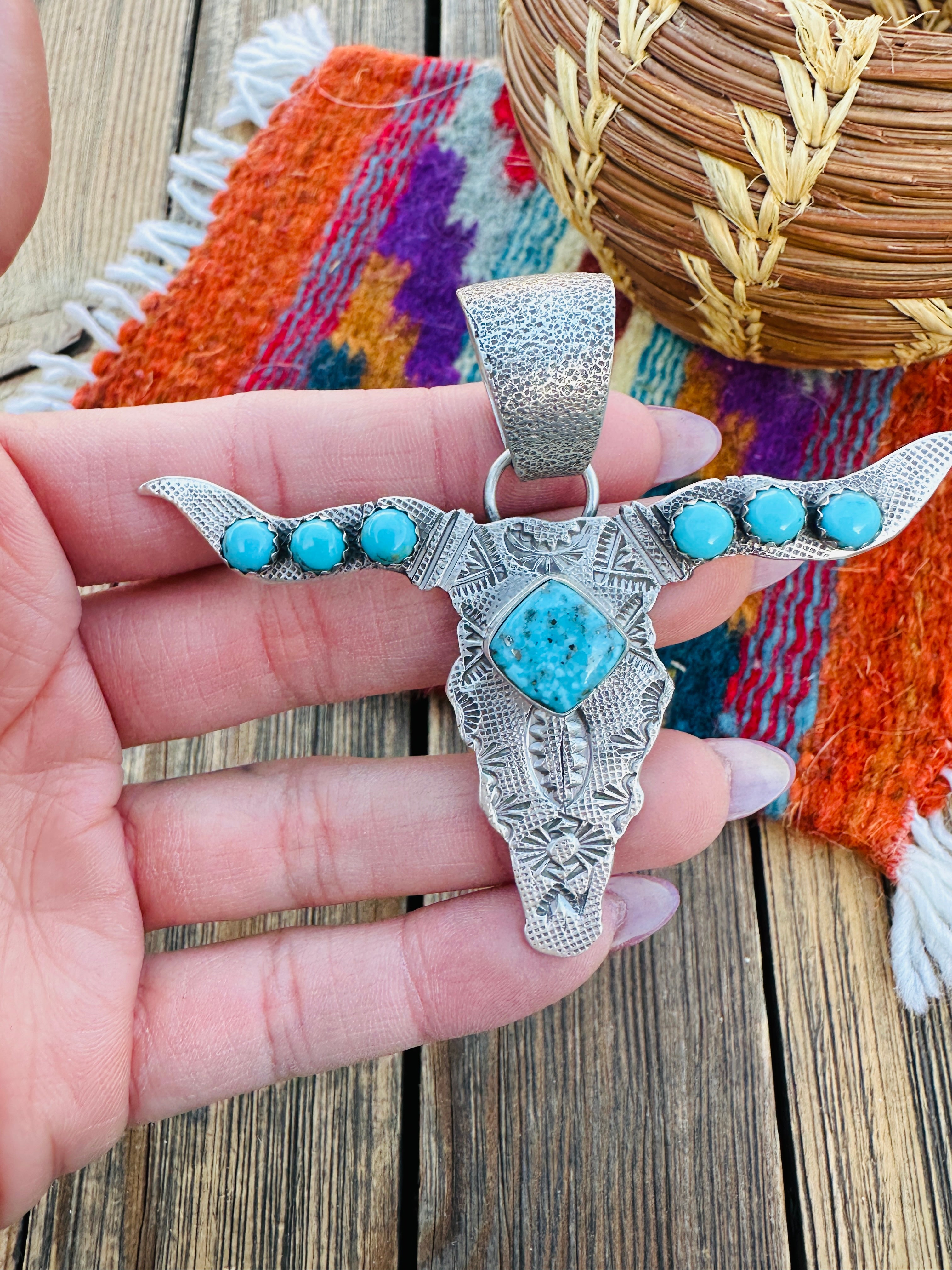 Handcrafted Sterling Silver & Turquoise Bullhead Pendant by Leroy James