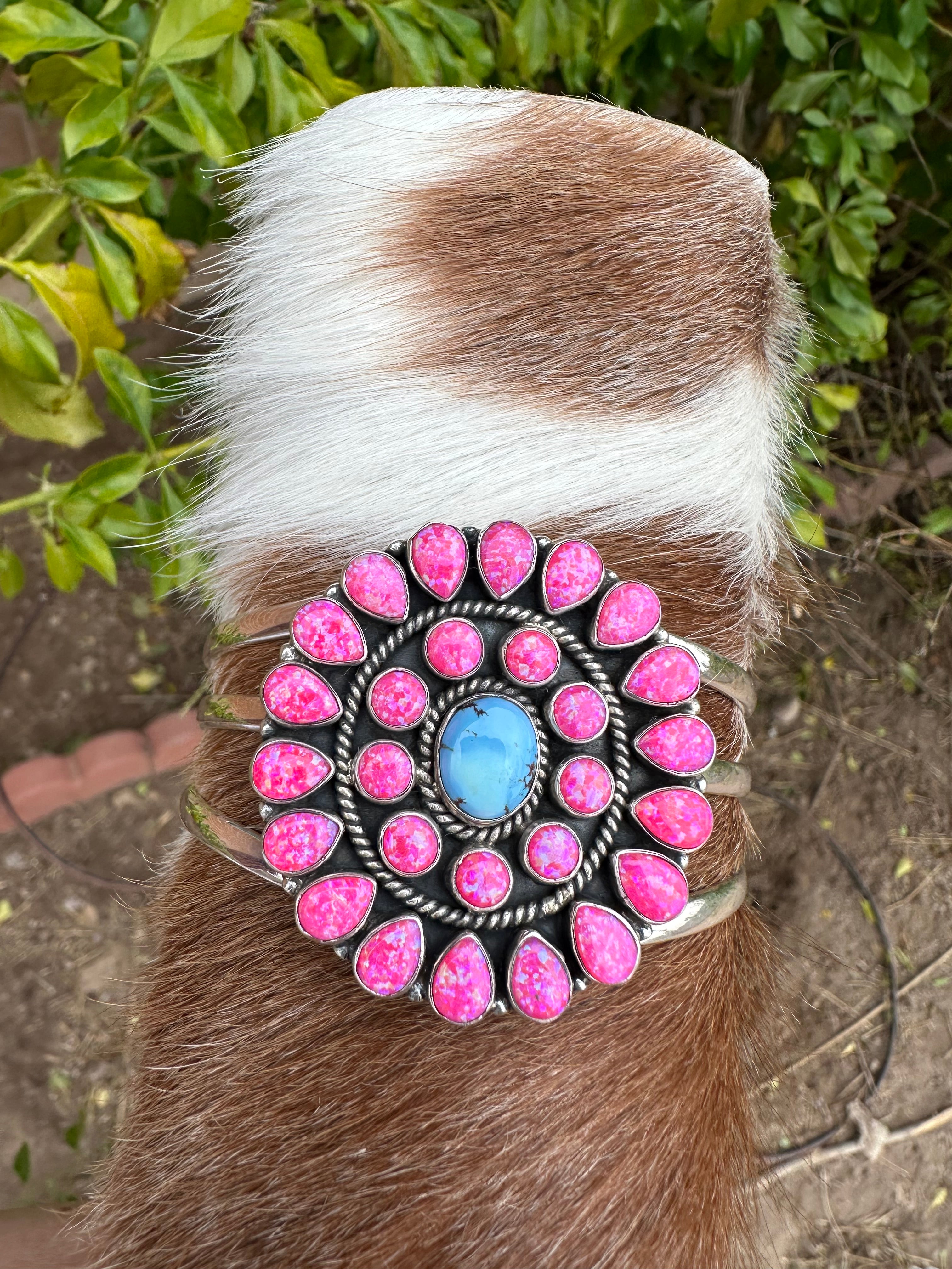 Handmade Sterling Silver, Golden Hills Turquoise & Hot Pink Fire Opal Adjustable Cuff Bracelet