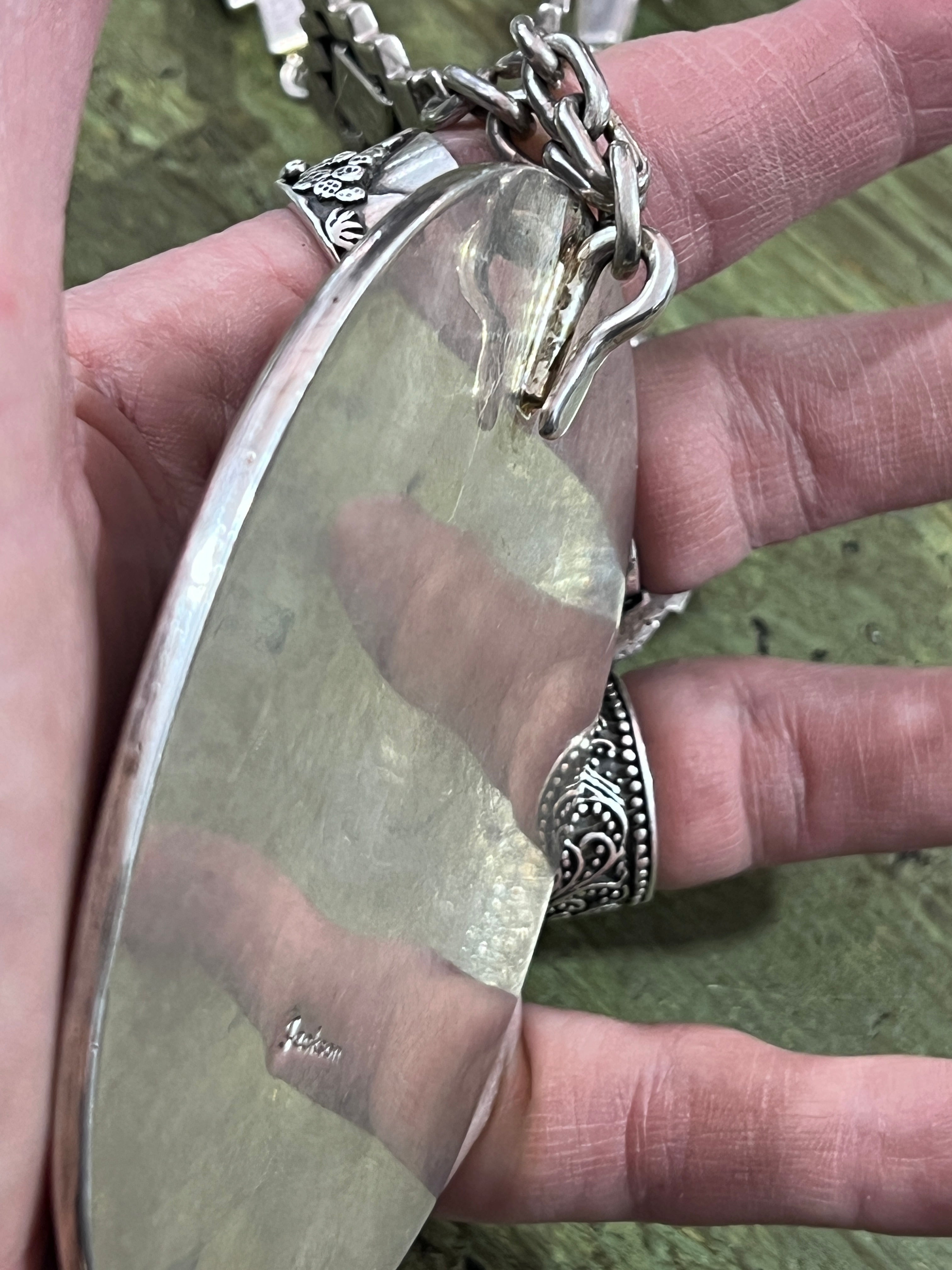 Vintage Handcrafted Sterling Silver and Royston Turquoise Kokopelli Necklace by Tommy Jackson