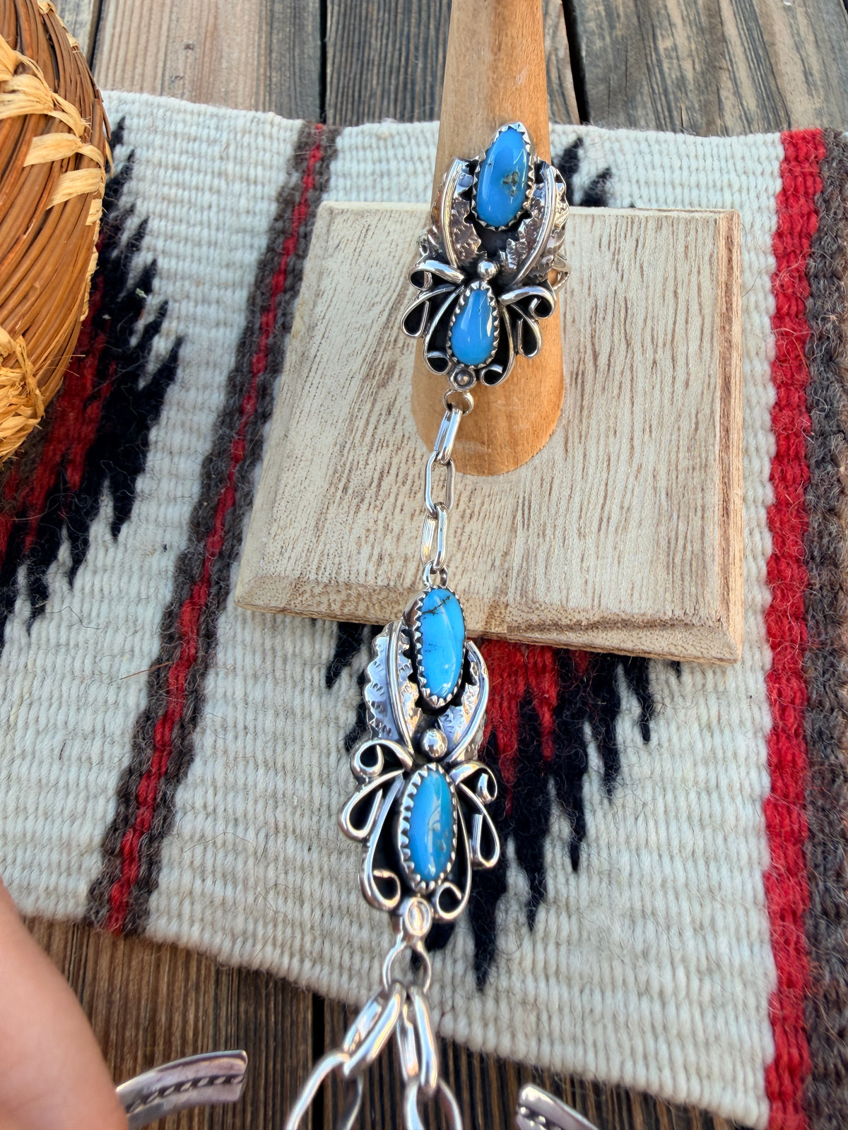 Handcrafted Turquoise & Sterling Silver Hand Chain Cuff Bracelet by Harry Yazzie