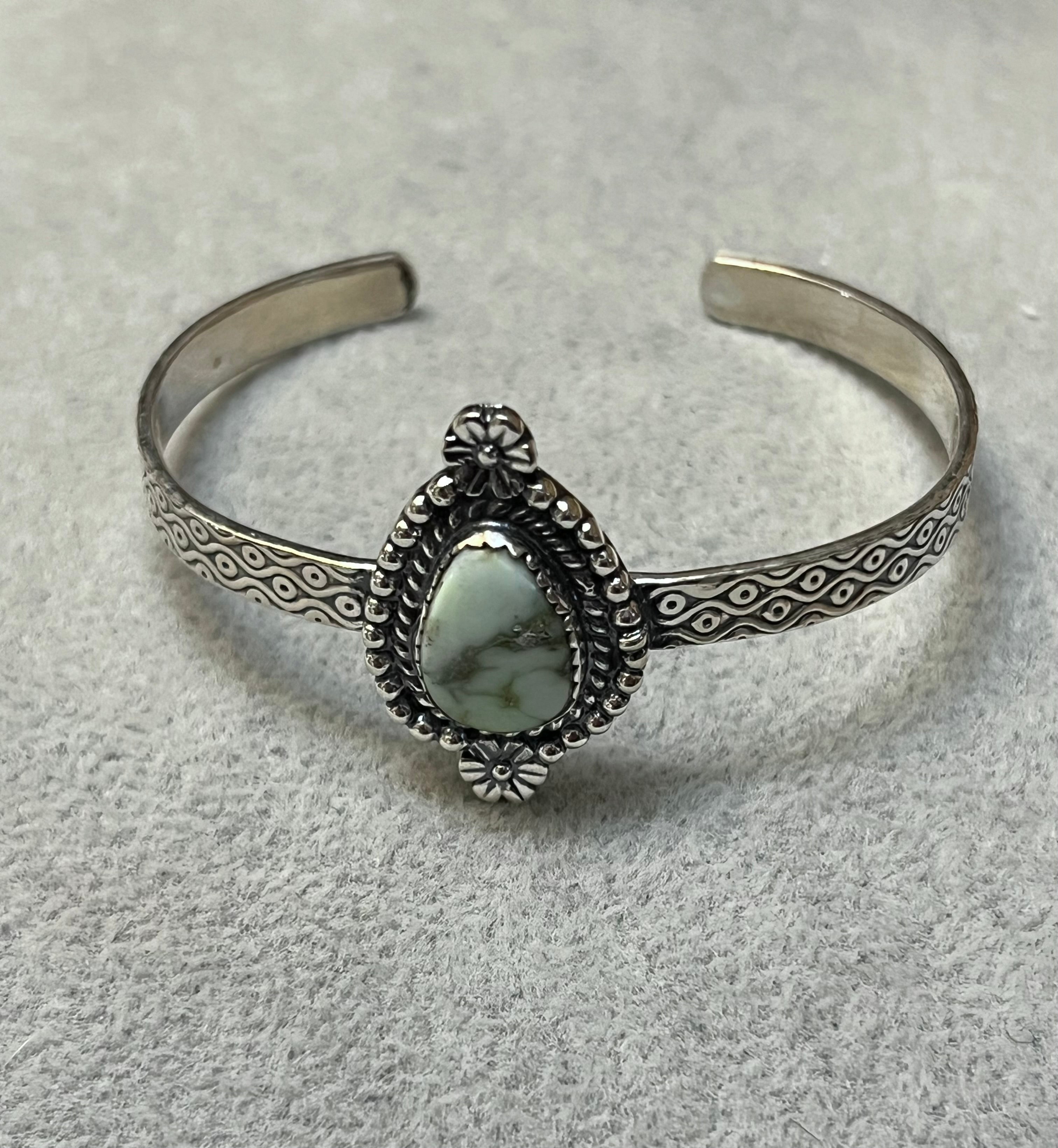 Handmade Etched Sterling Silver Palomino Turquoise Tear Drop Handcuff Bracelet