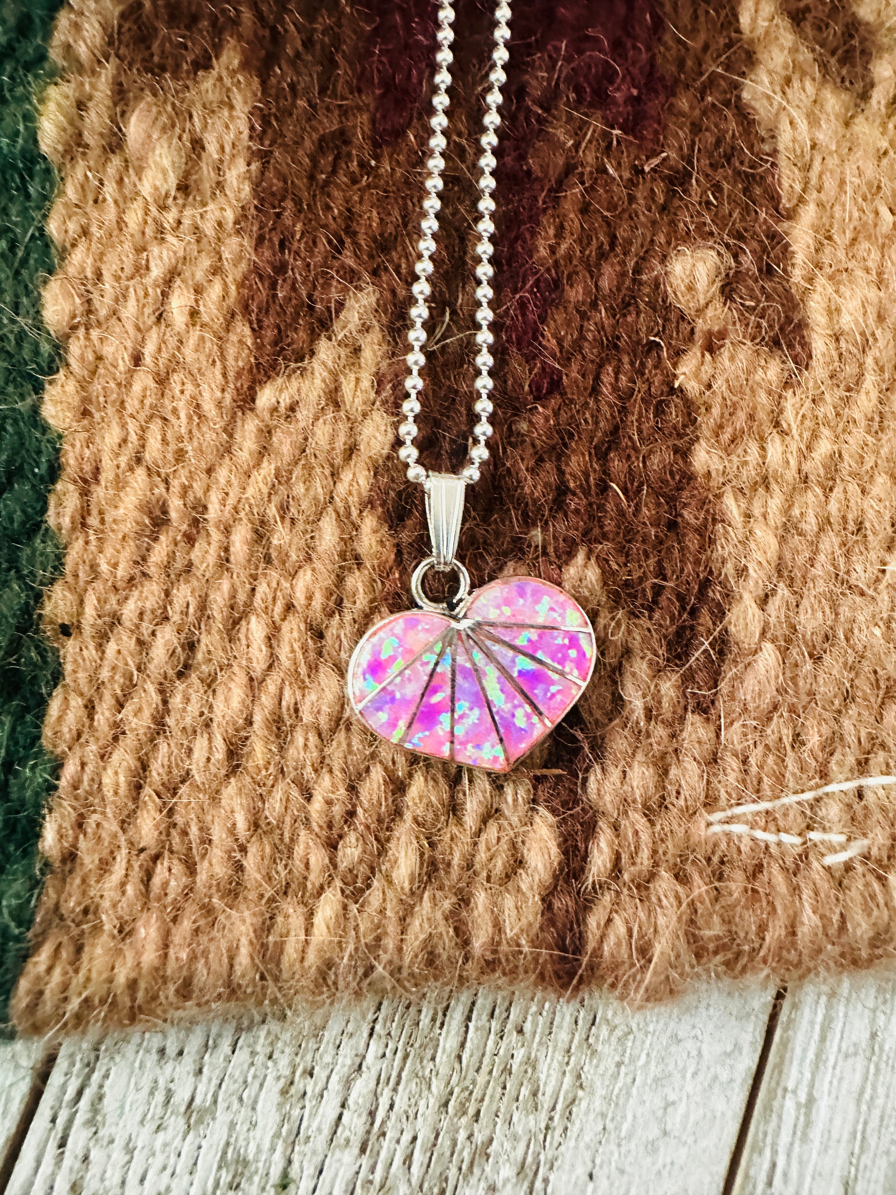 Handcrafted Pink Opal & Sterling Silver Inlay Heart Pendant