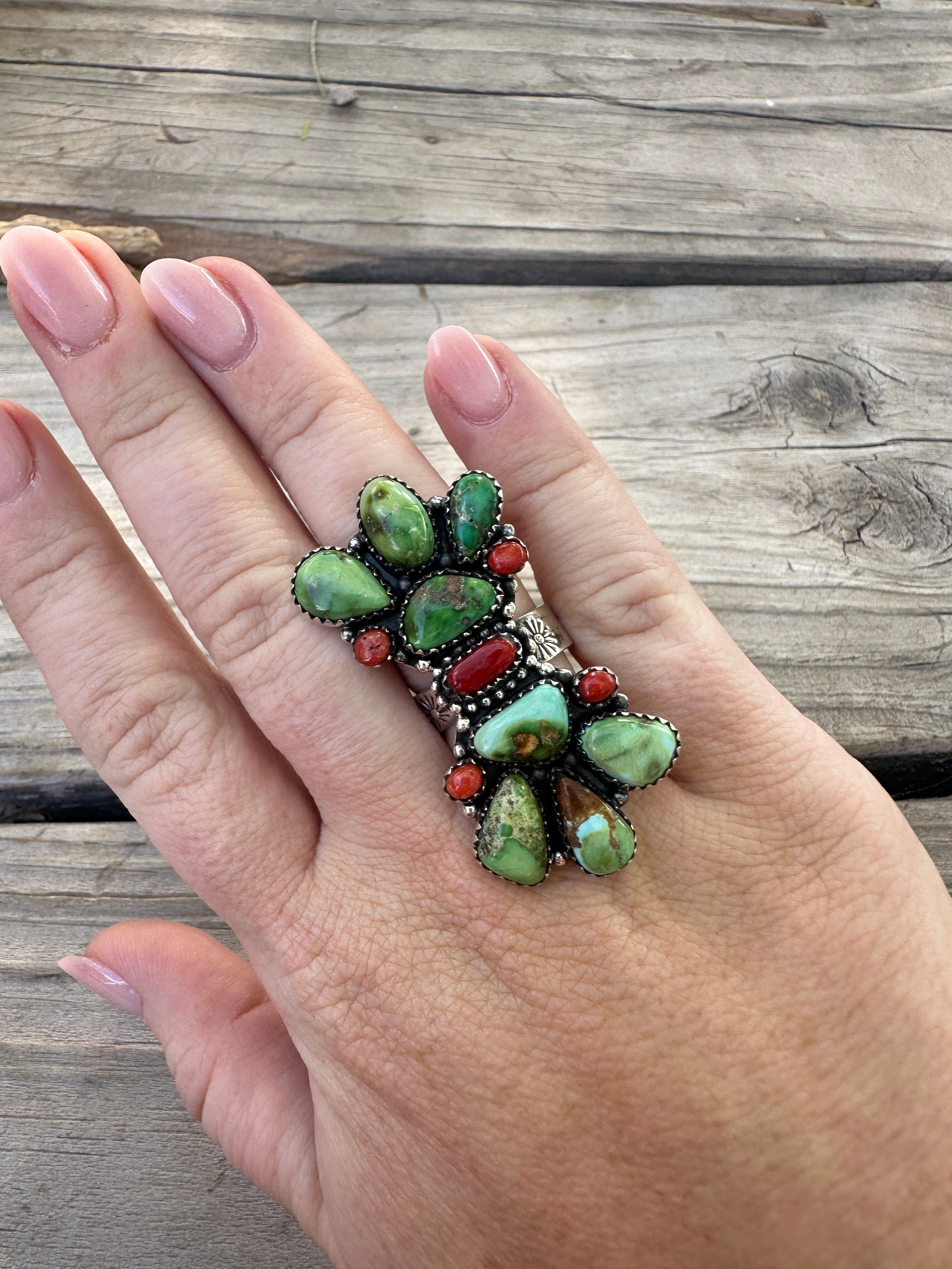 Beautiful Handmade Coral, Sonoran Turquoise And Sterling Silver Adjustable Ring 1