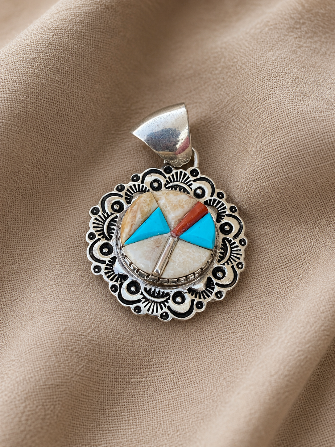 Handcrafted Turquoise, Coral & Mother of Pearl Pendant Necklace
