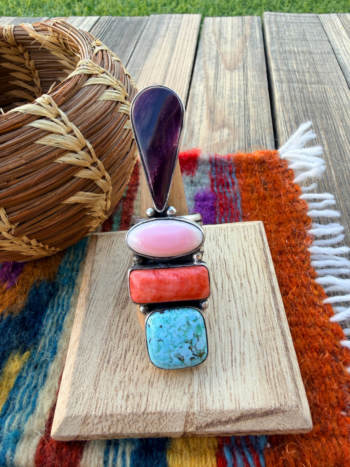 Handcrafted Spiny Oyster, Turquoise, Pink Conch & Sterling Silver Adjustable Ring
