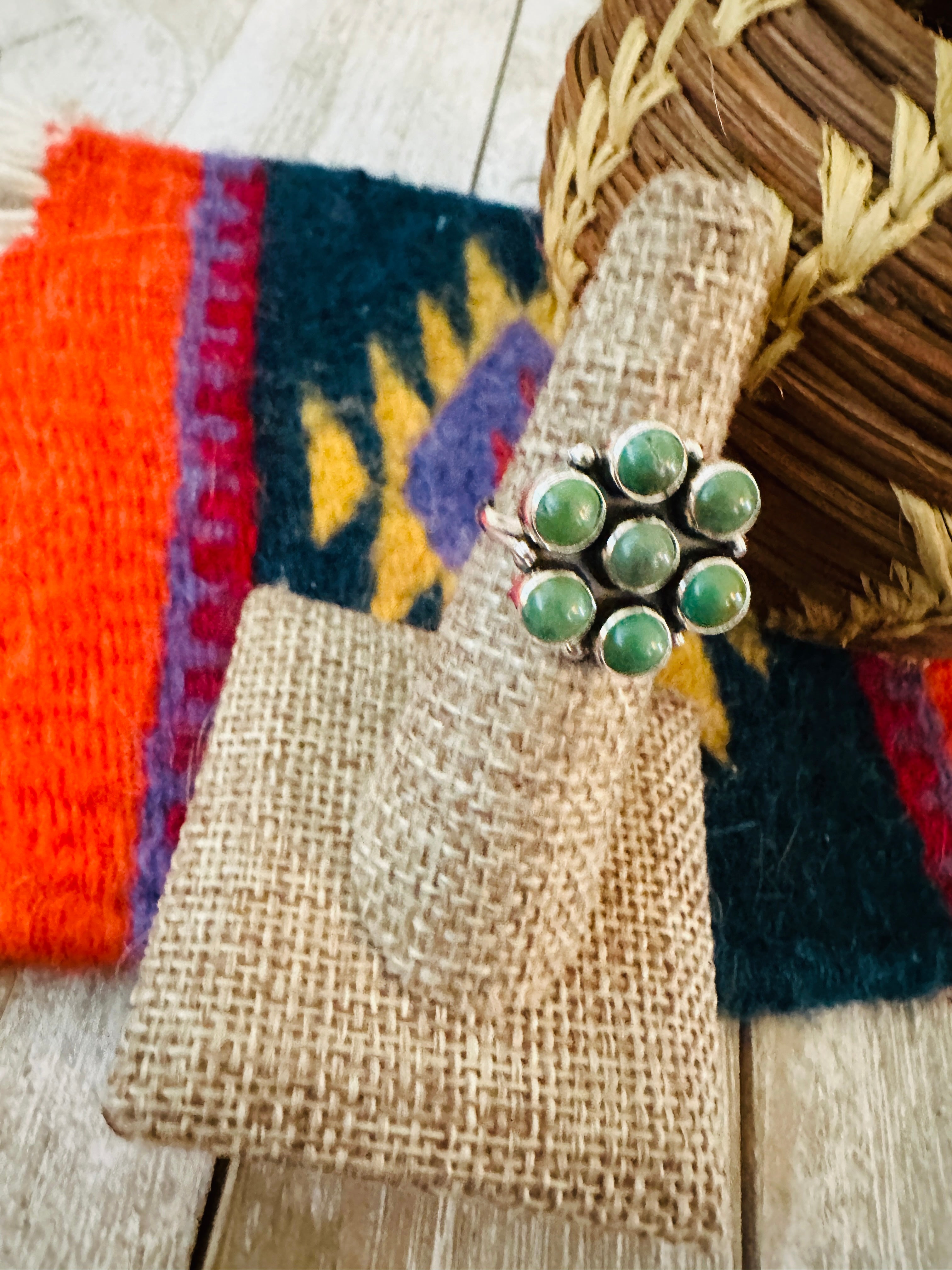 Handcrafted Turquoise & Sterling Silver Cluster Ring Size 6