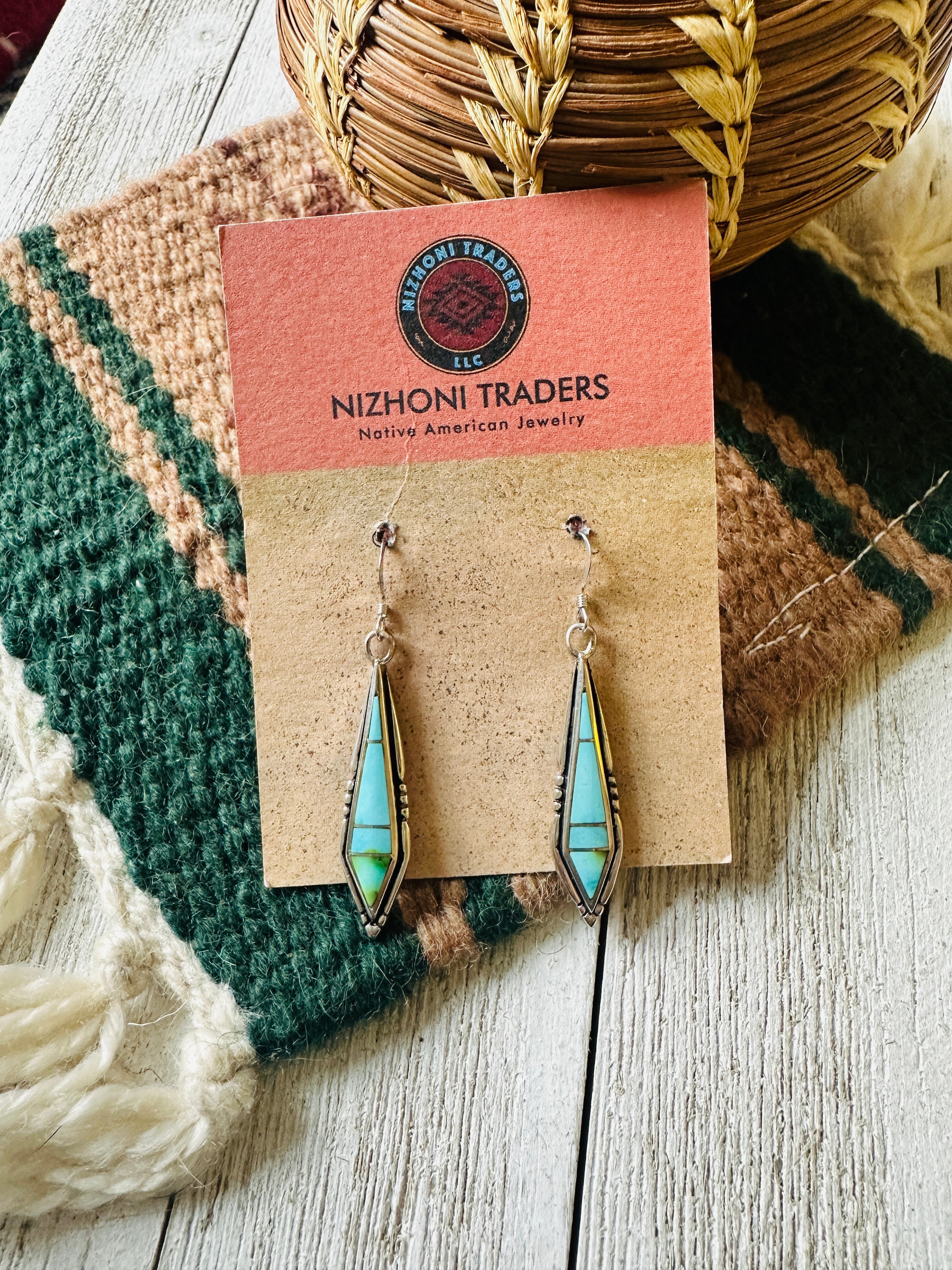 Navajo Sonoran Mountain Turquoise And Sterling Silver Inlay Dangle Earrings