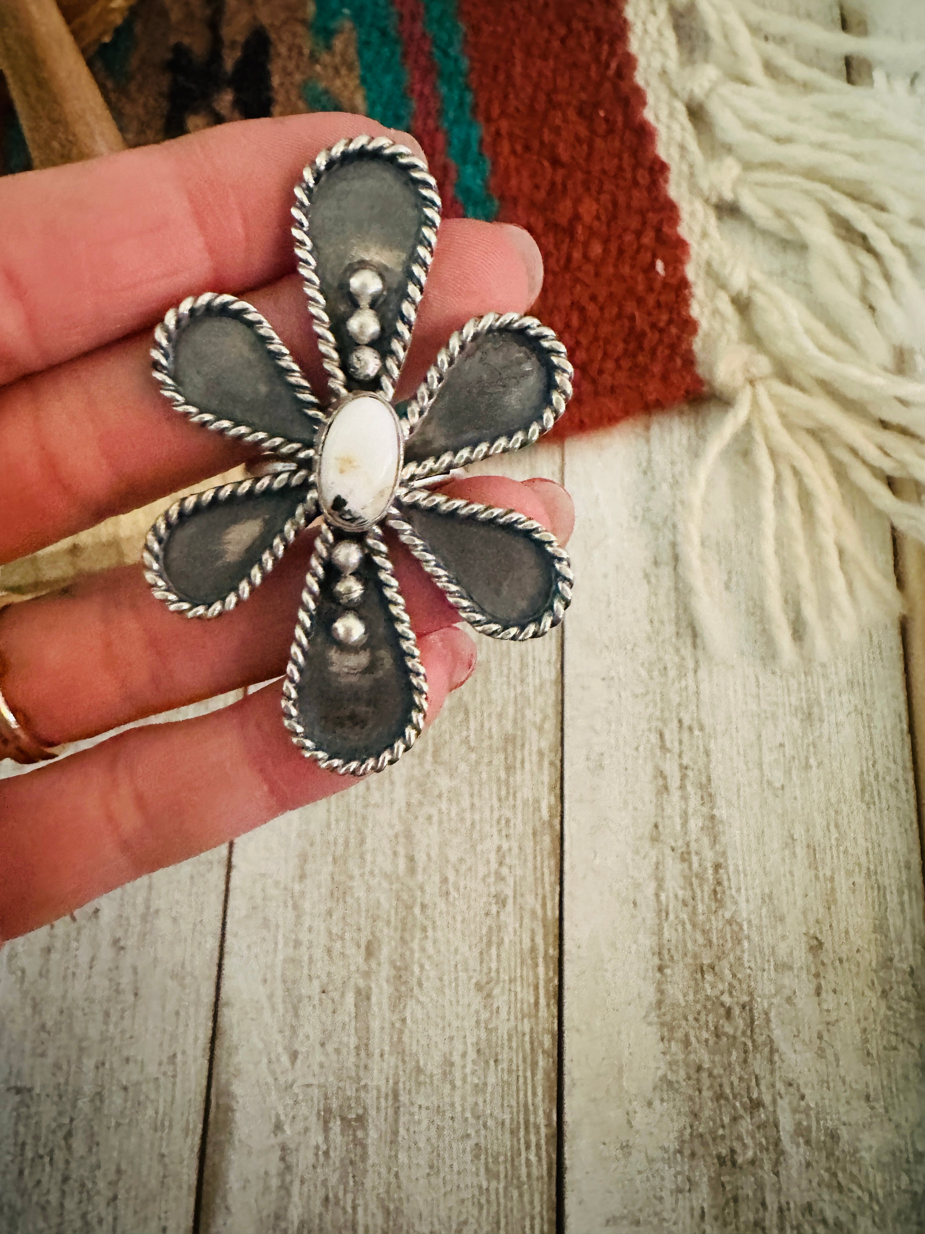 Navajo Sterling Silver And White Buffalo Adjustable Flower Ring