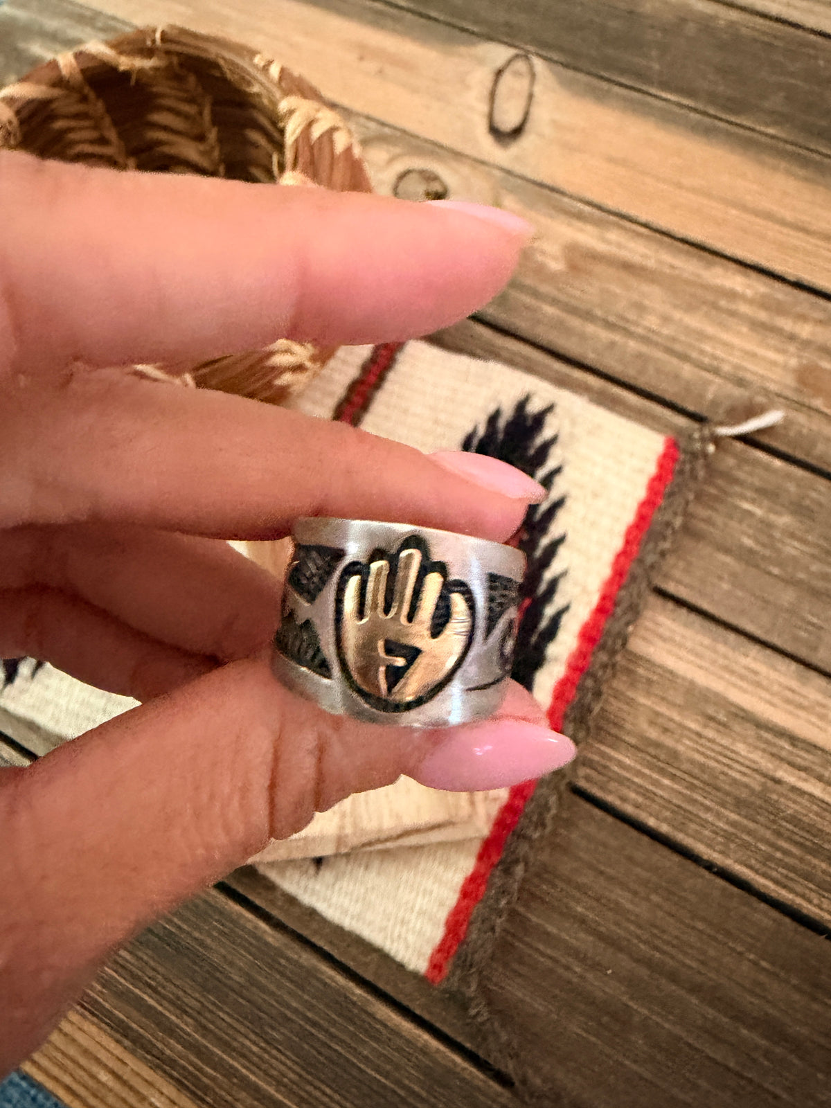 Old Pawn Handcrafted Copper & Sterling Silver Band Ring Size 7.5
