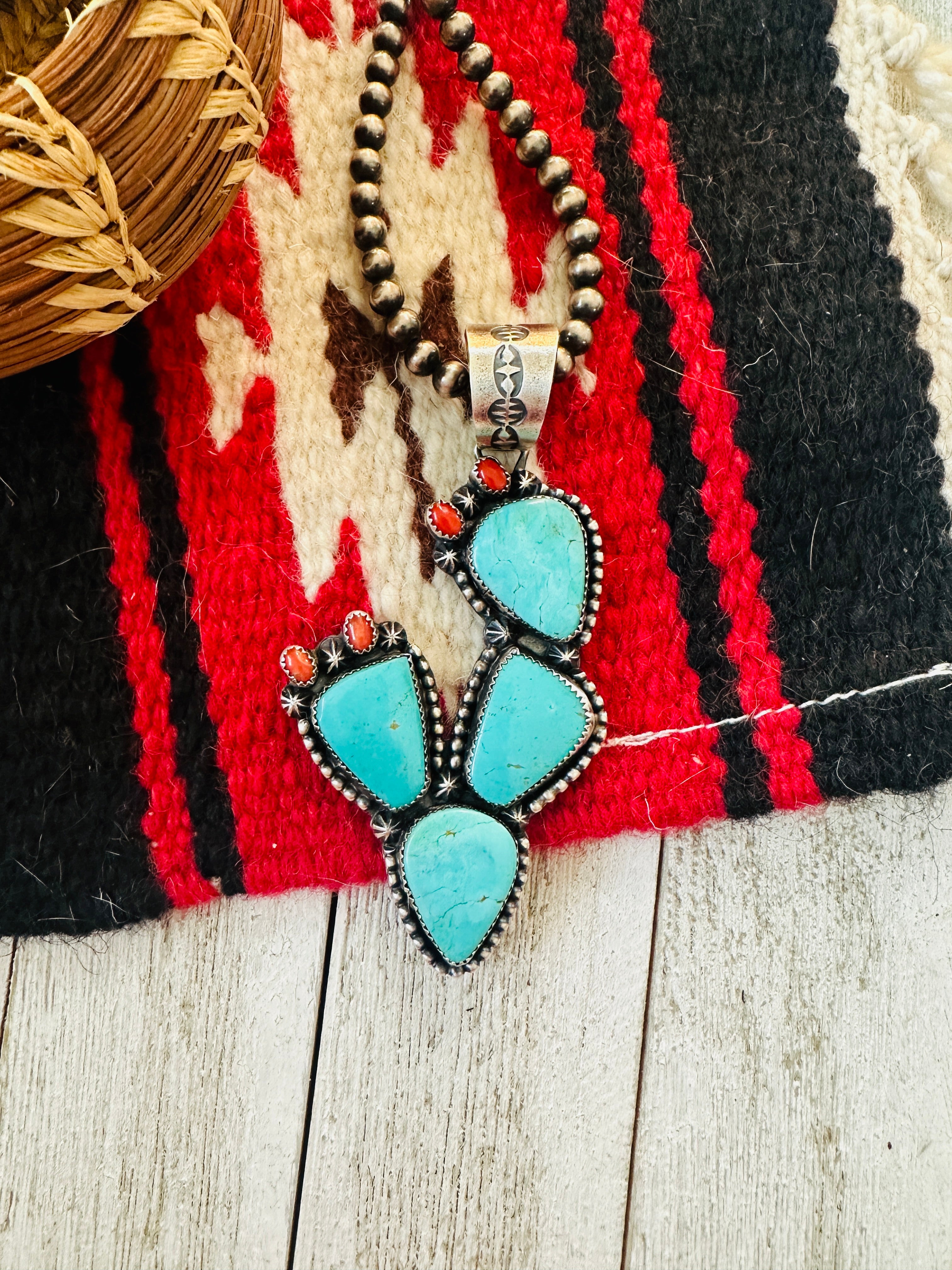 Navajo Turquoise, Coral and Sterling Silver Cactus Pendant