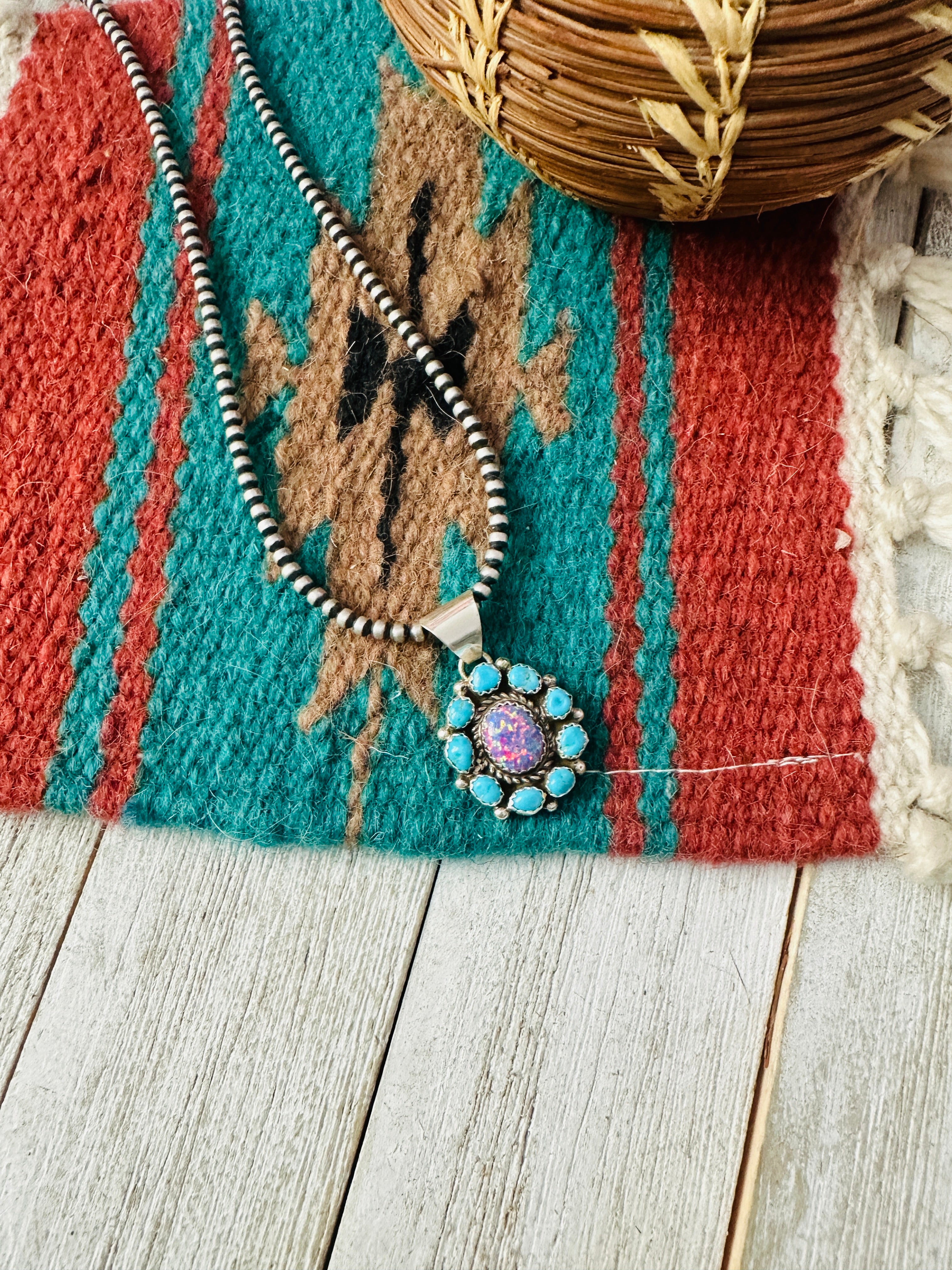 Navajo Turquoise, Opal & Sterling Silver Cluster Pendant