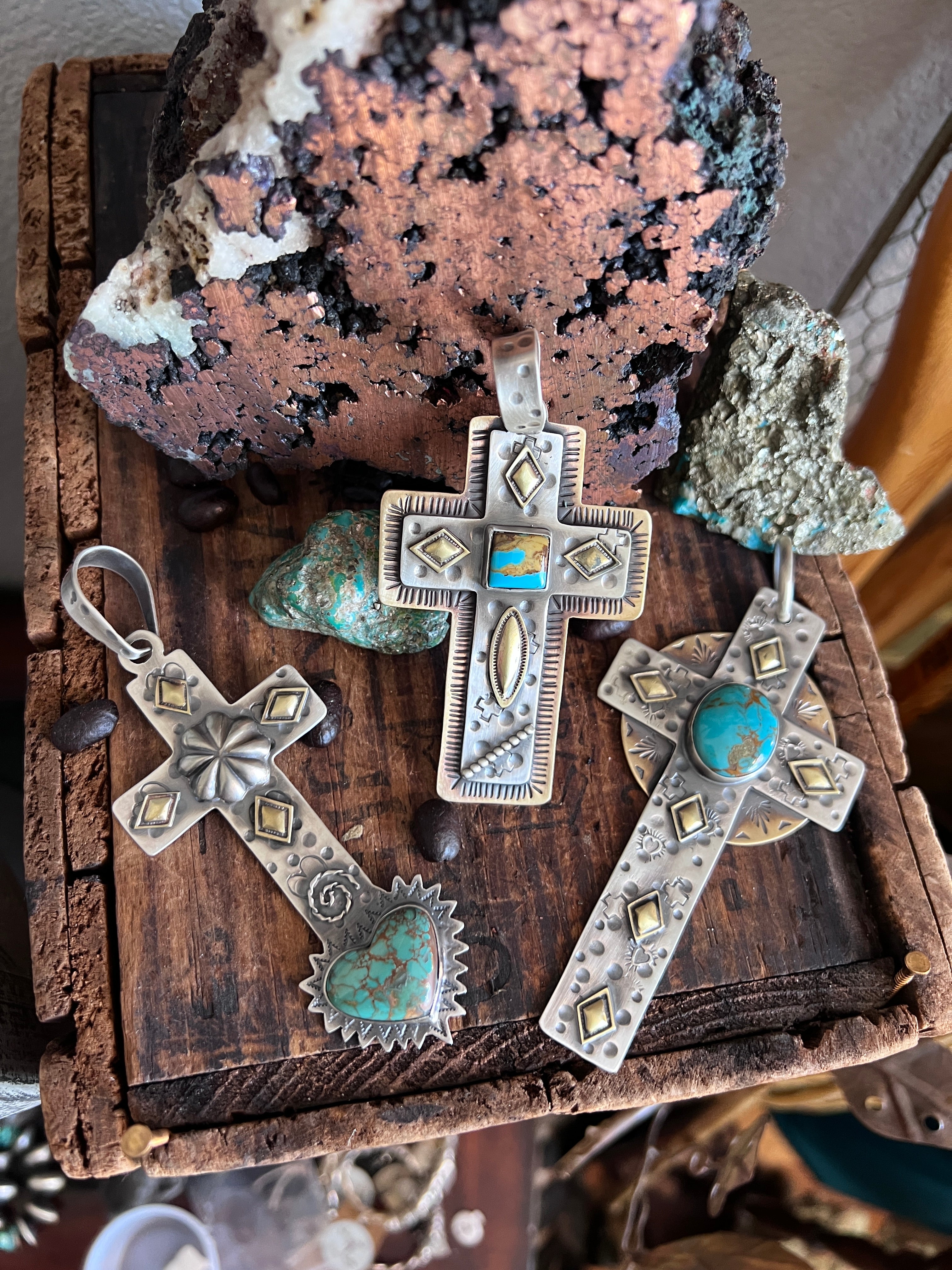 Hand Stamped Sterling Silver, Brass & Royston Turquoise Cross Pendant by Kimari Somers